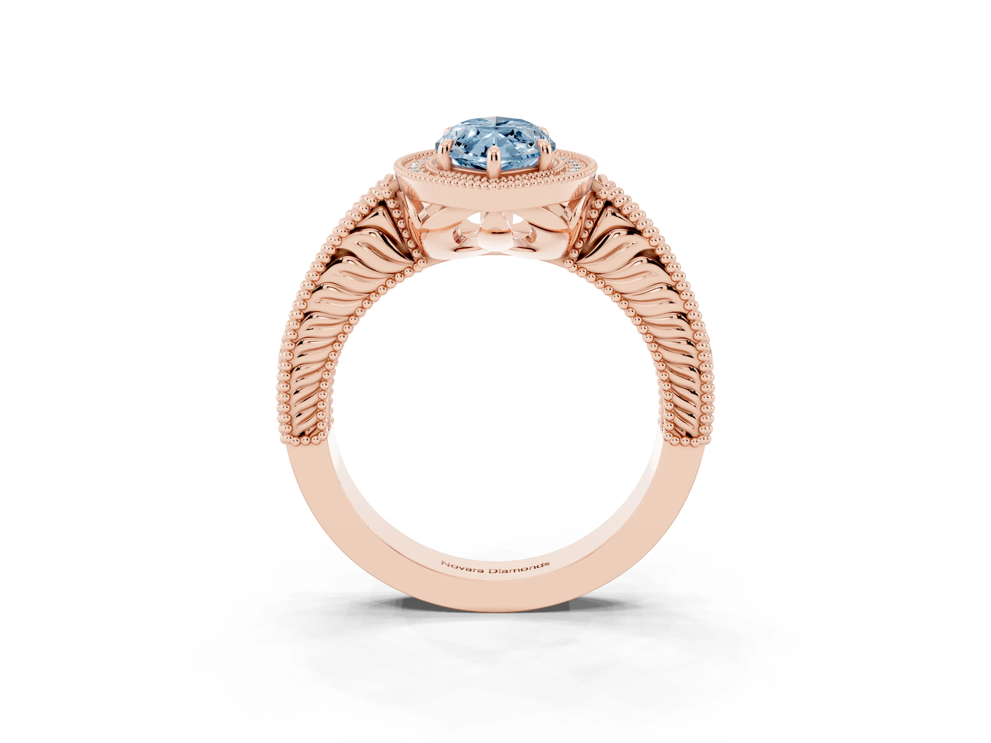 Fancy Blue Marquise Cut Diamond Halo Ring Set in Rose gold with Round Accent Halo, Pavé Band and Prong Setting