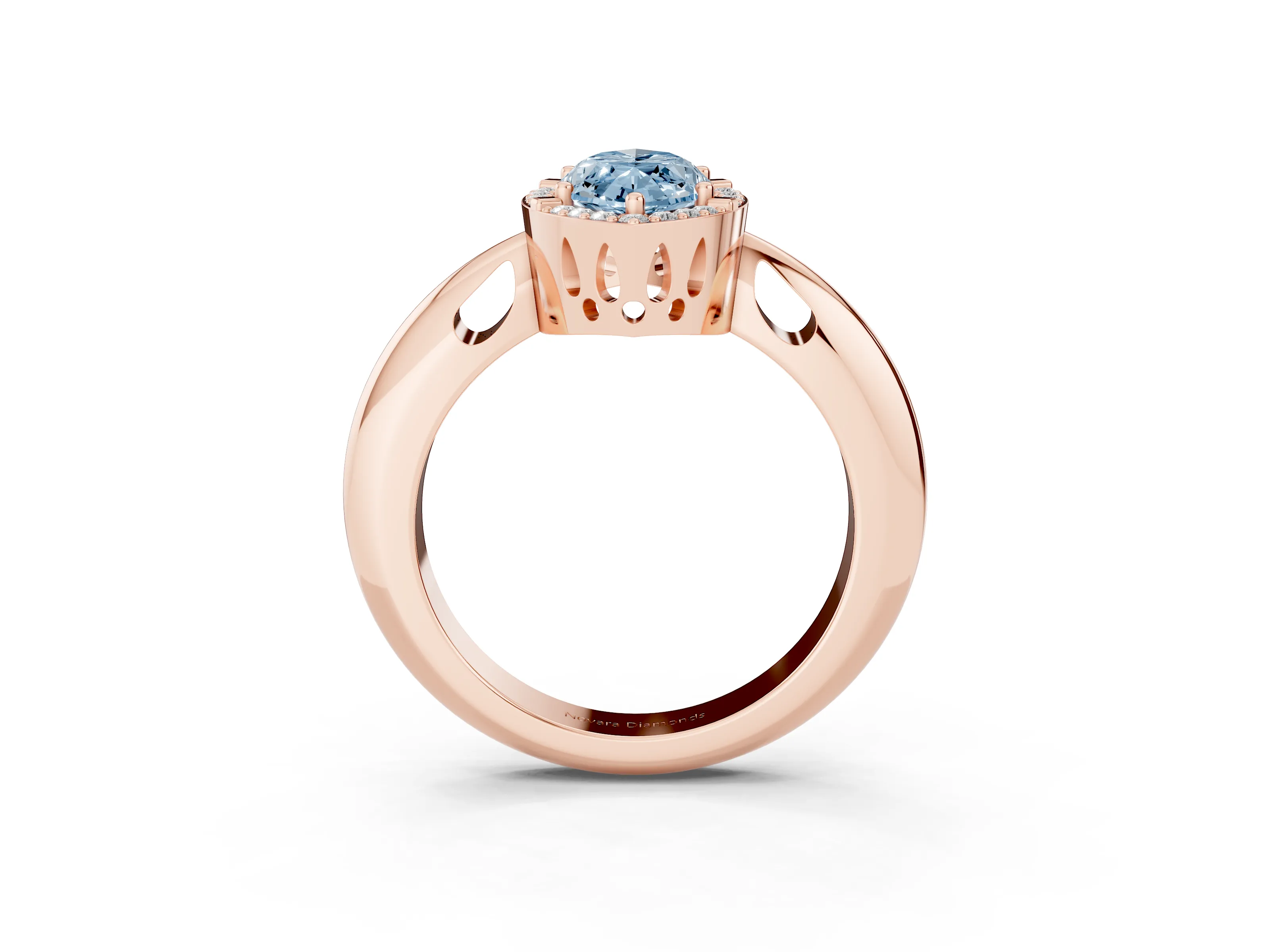 Fancy Blue Marquise Cut Diamond Halo Engagement Ring Set in Rose gold with Plain Split Shank and Prong Setting