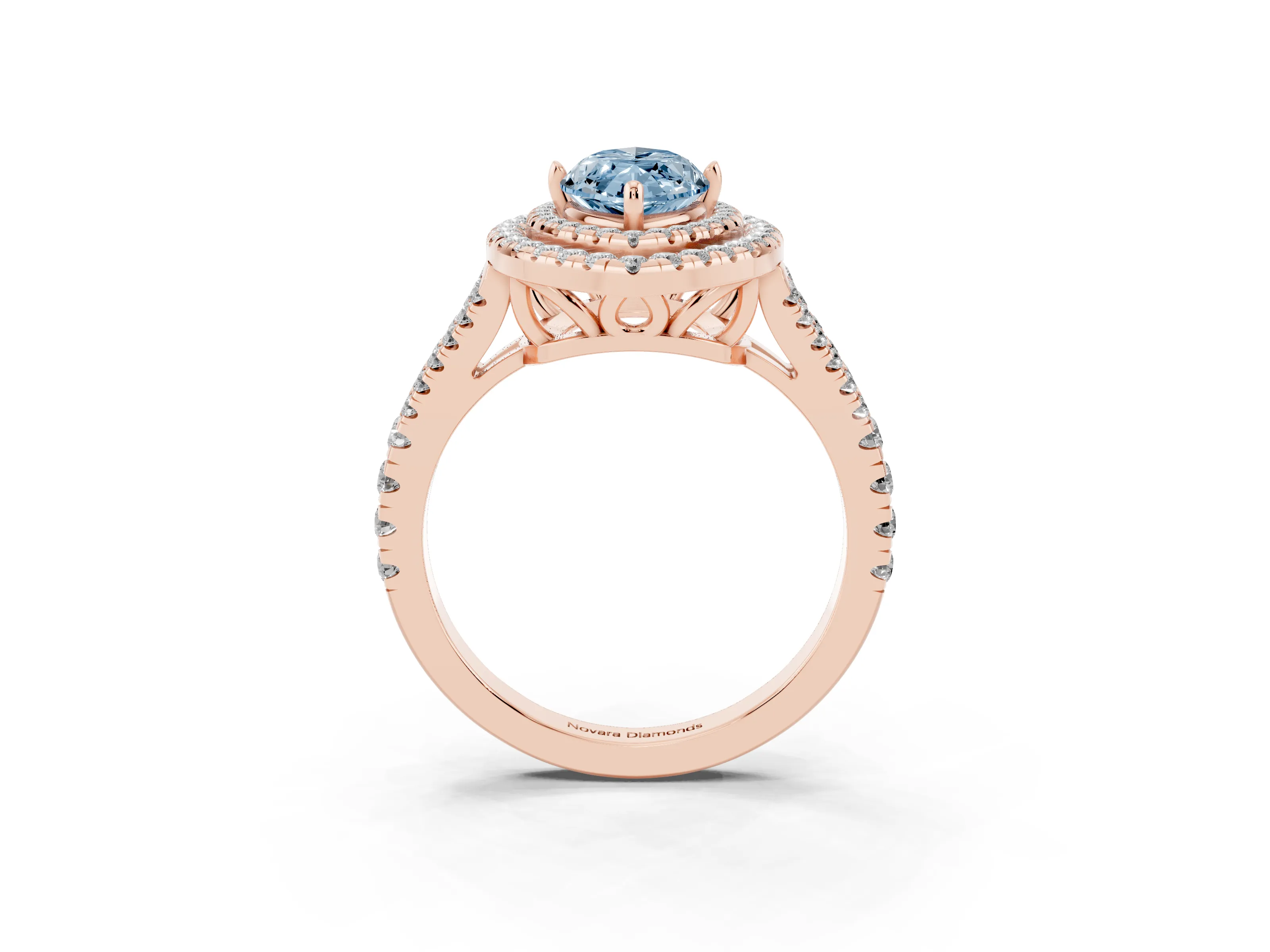 Fancy Blue Marquise Cut Diamond Double Halo Ring Set in Rose gold with Pavé Band
