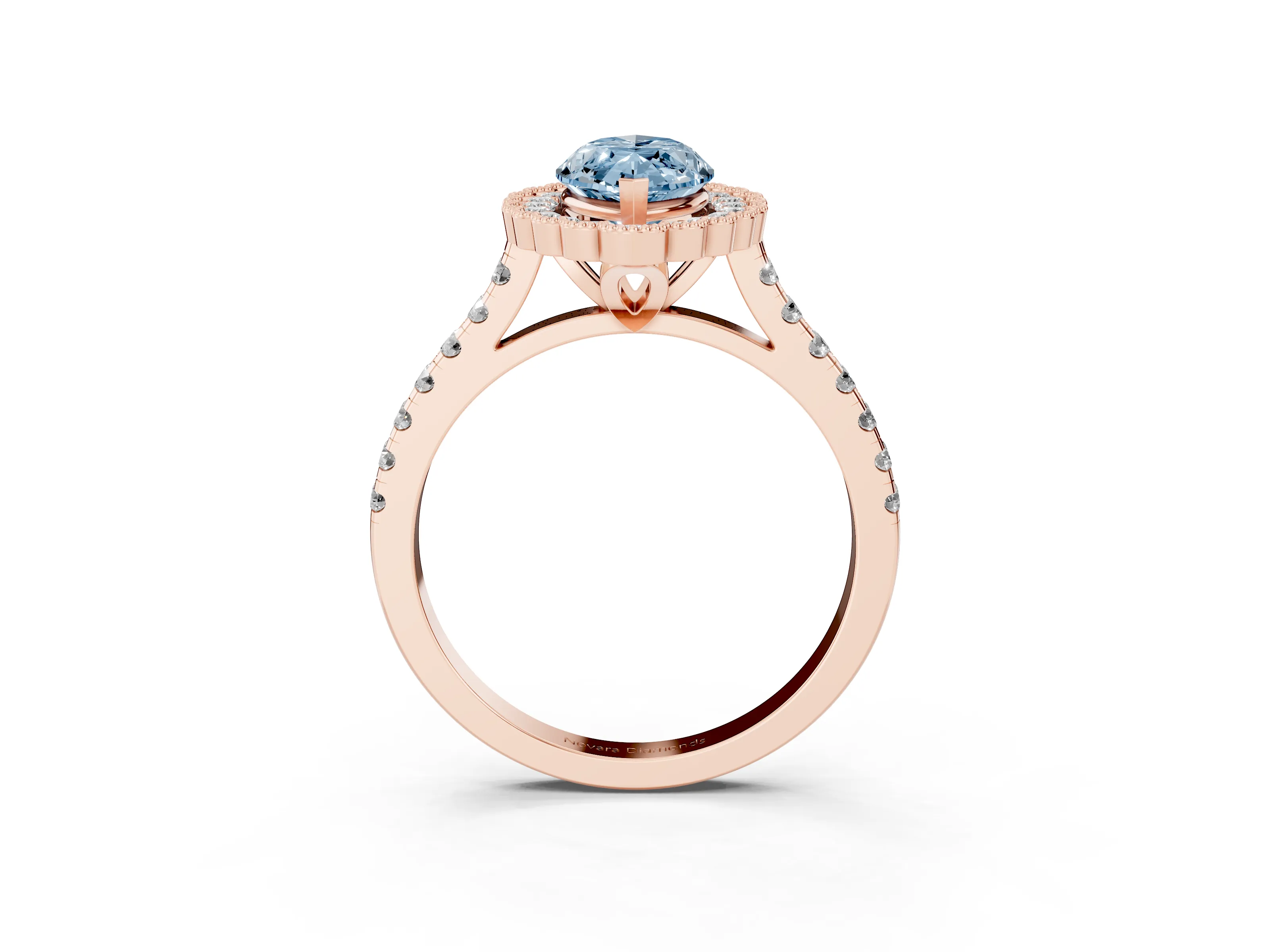 Fancy Blue Marquise Cut Diamond Milgrain Floral Halo Engagement Ring Set in Rose gold with Pavé Band