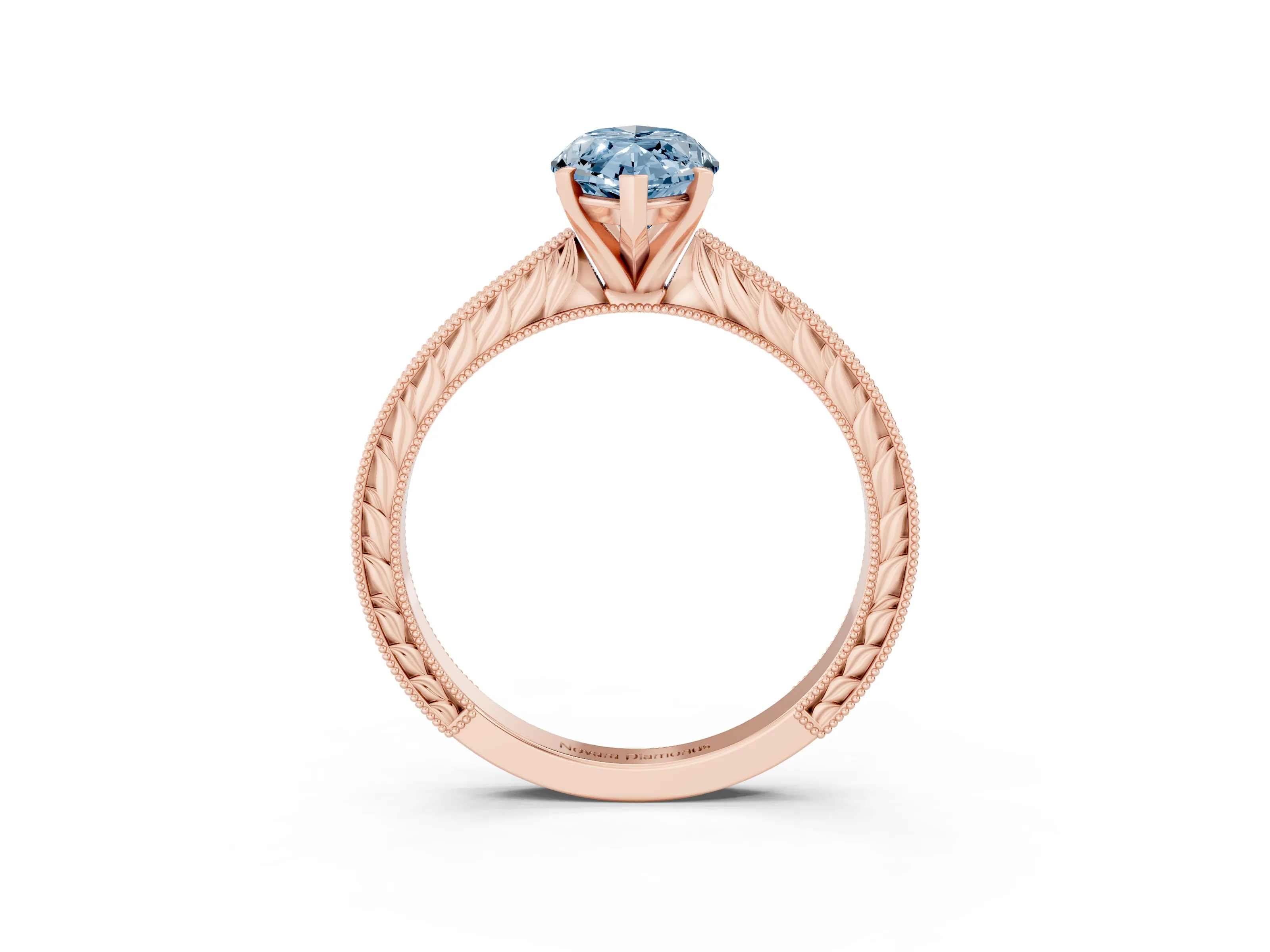 Fancy Blue Marquise Cut Diamond Solitaire Milgrain Engraved Band Set in Rose gold with Prong Setting