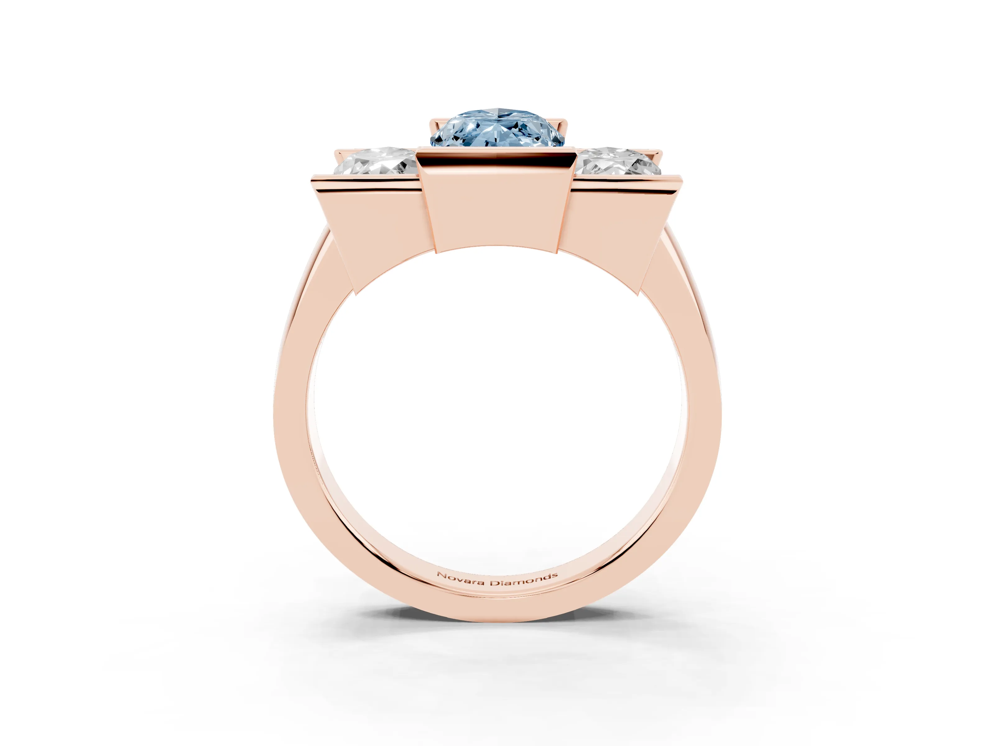 Fancy Blue Marquise Cut Diamond Three-Stone Channel Set Ring Set in Rose gold with Smooth Polished Band