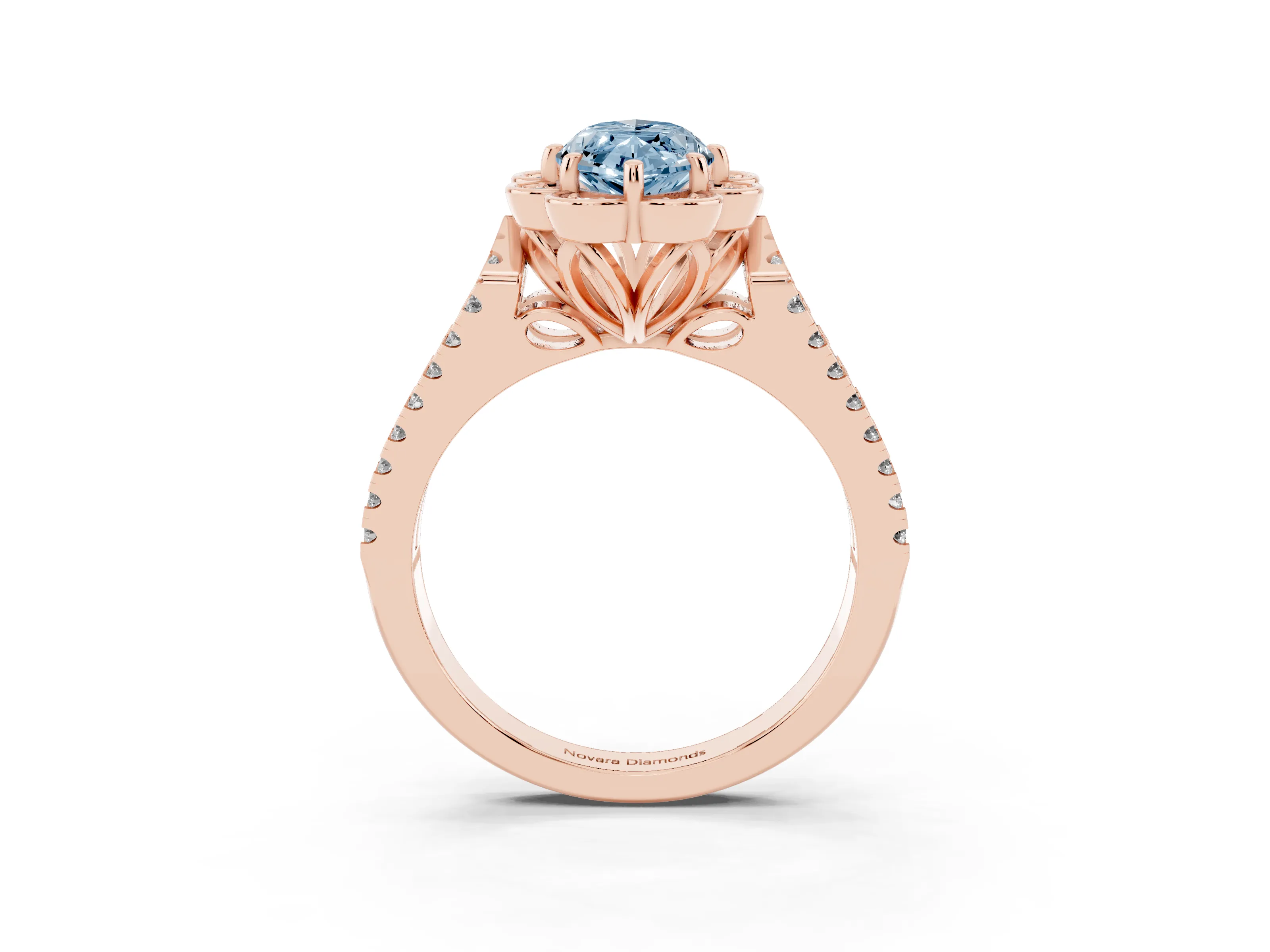 Fancy Blue Marquise Cut Diamond Floral Halo Split Shank Engagement Ring Set in Rose gold with Pavé Shank