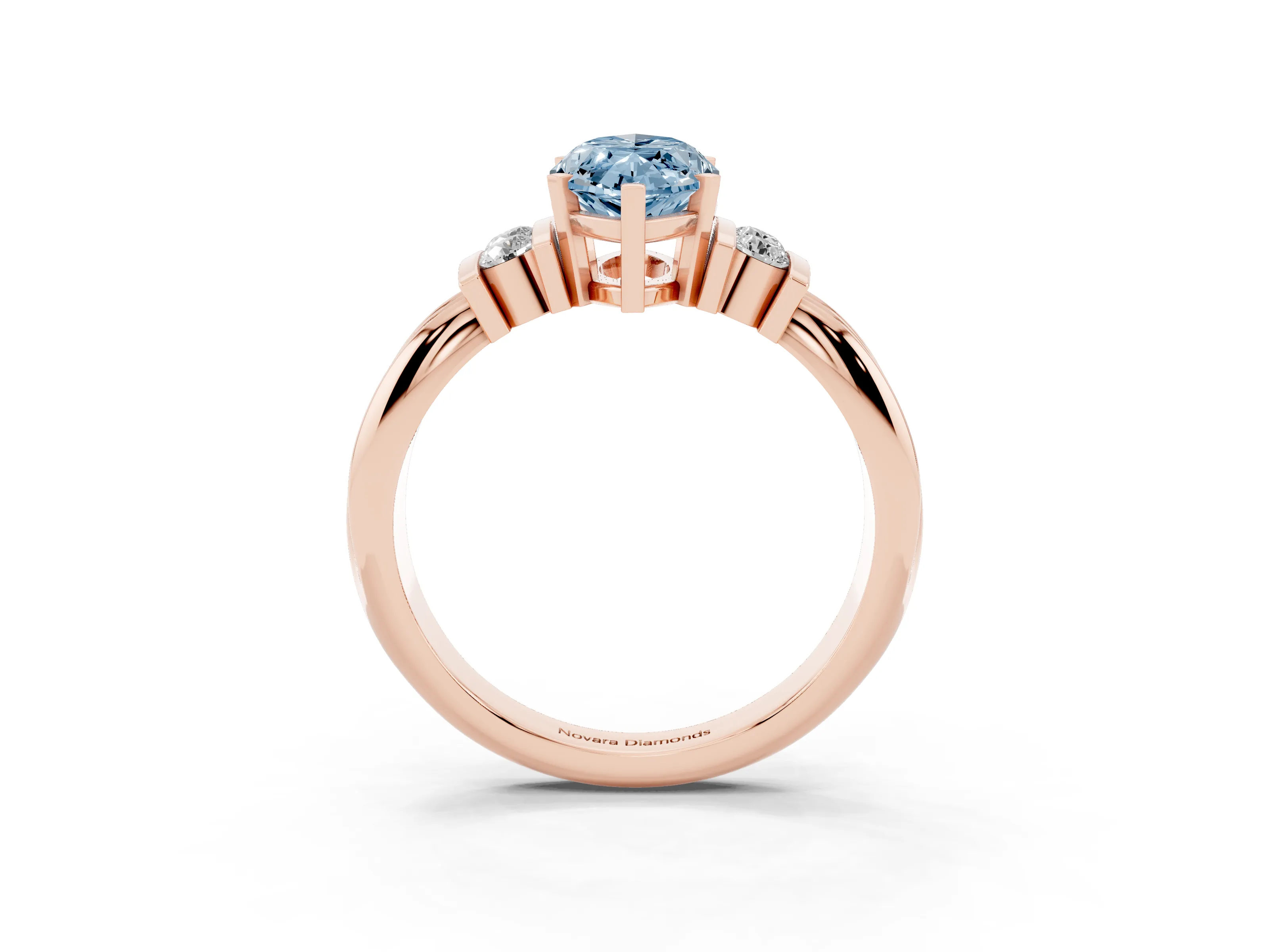 Fancy Blue Three-Stone Marquise Cut Diamond Channel Set Ring Set in Rose gold with Bar Prongs