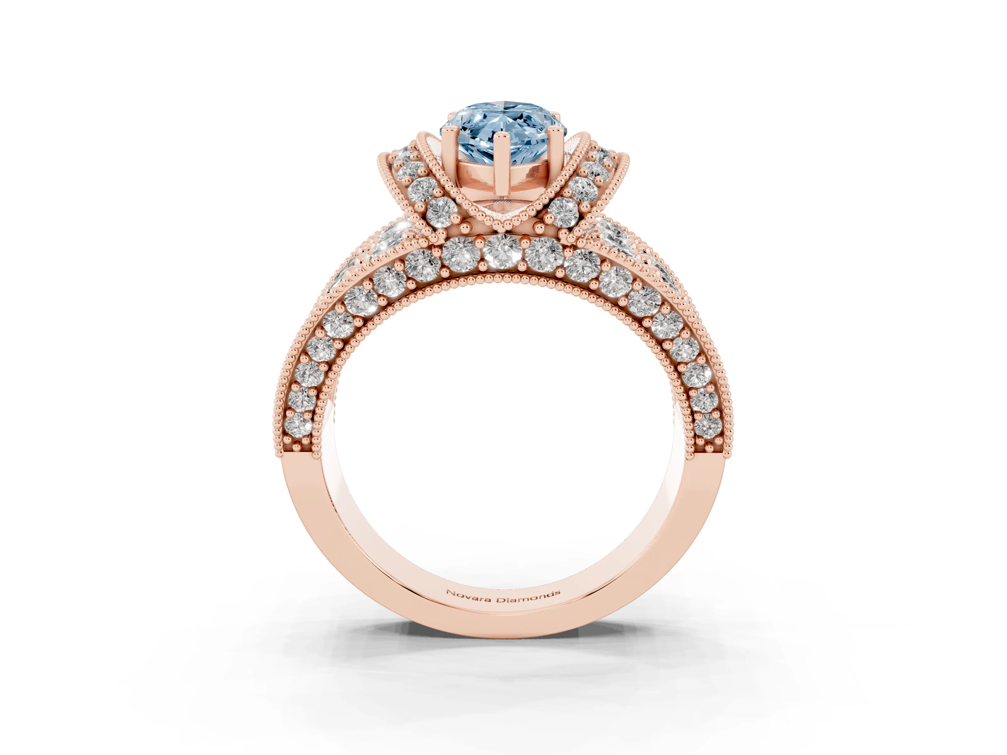 Fancy Blue Marquise Cut Diamond Milgrain Halo Pavé Engagement Ring Set in Rose gold with Prong Setting