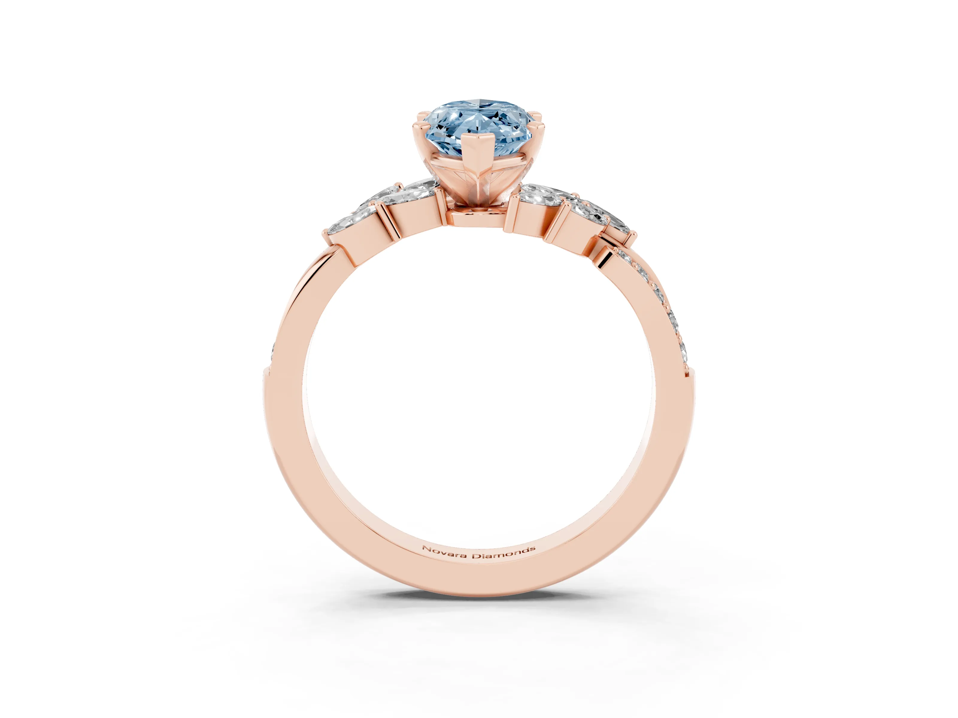 Fancy Blue Marquise Cut Diamond Solitaire Ring Set in Rose gold with Marquise Twist Band and Prong Setting