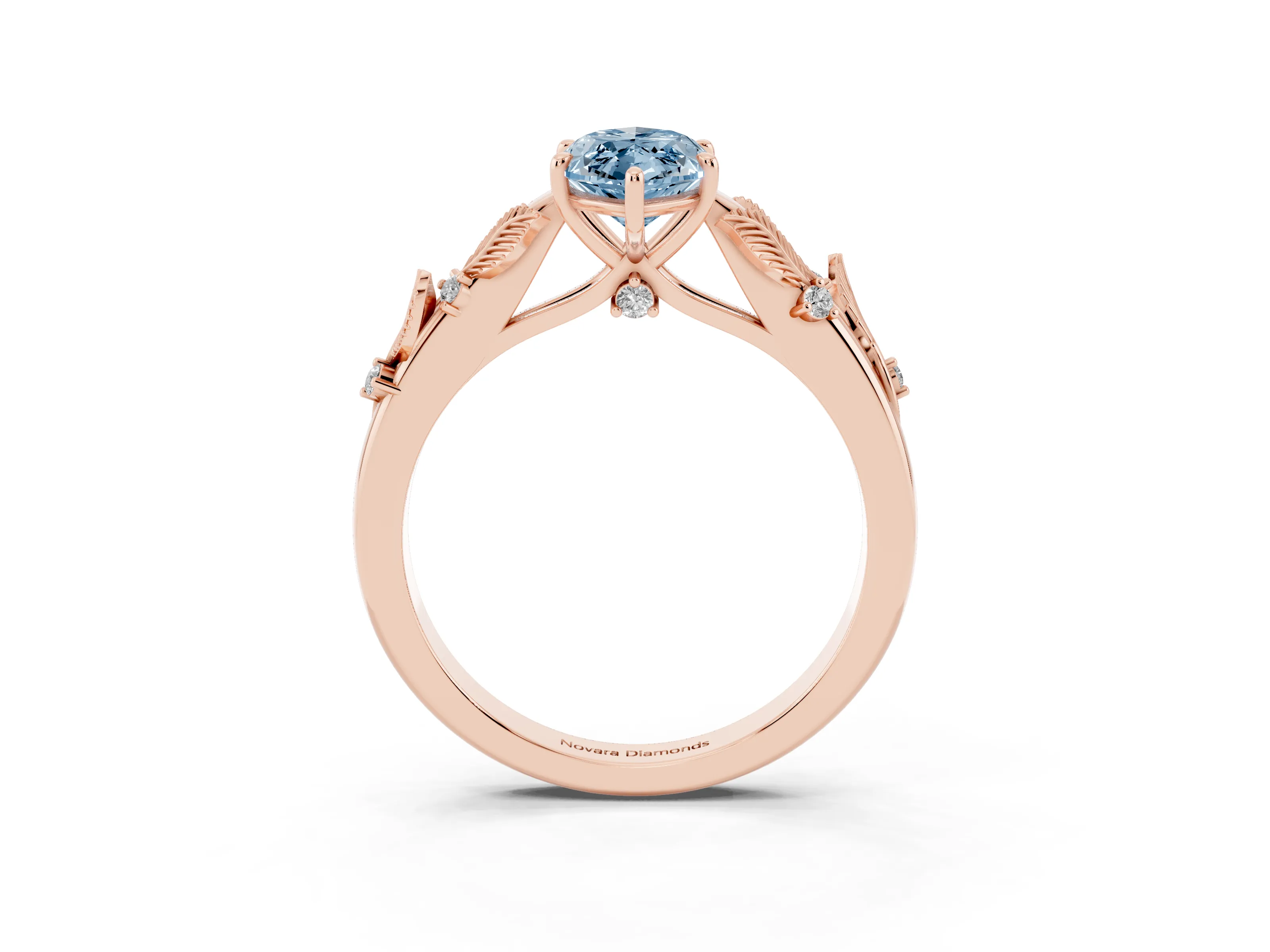 Fancy Blue Marquise Cut Diamond Solitaire Ring Set in Rose gold with Leaf Motif Band