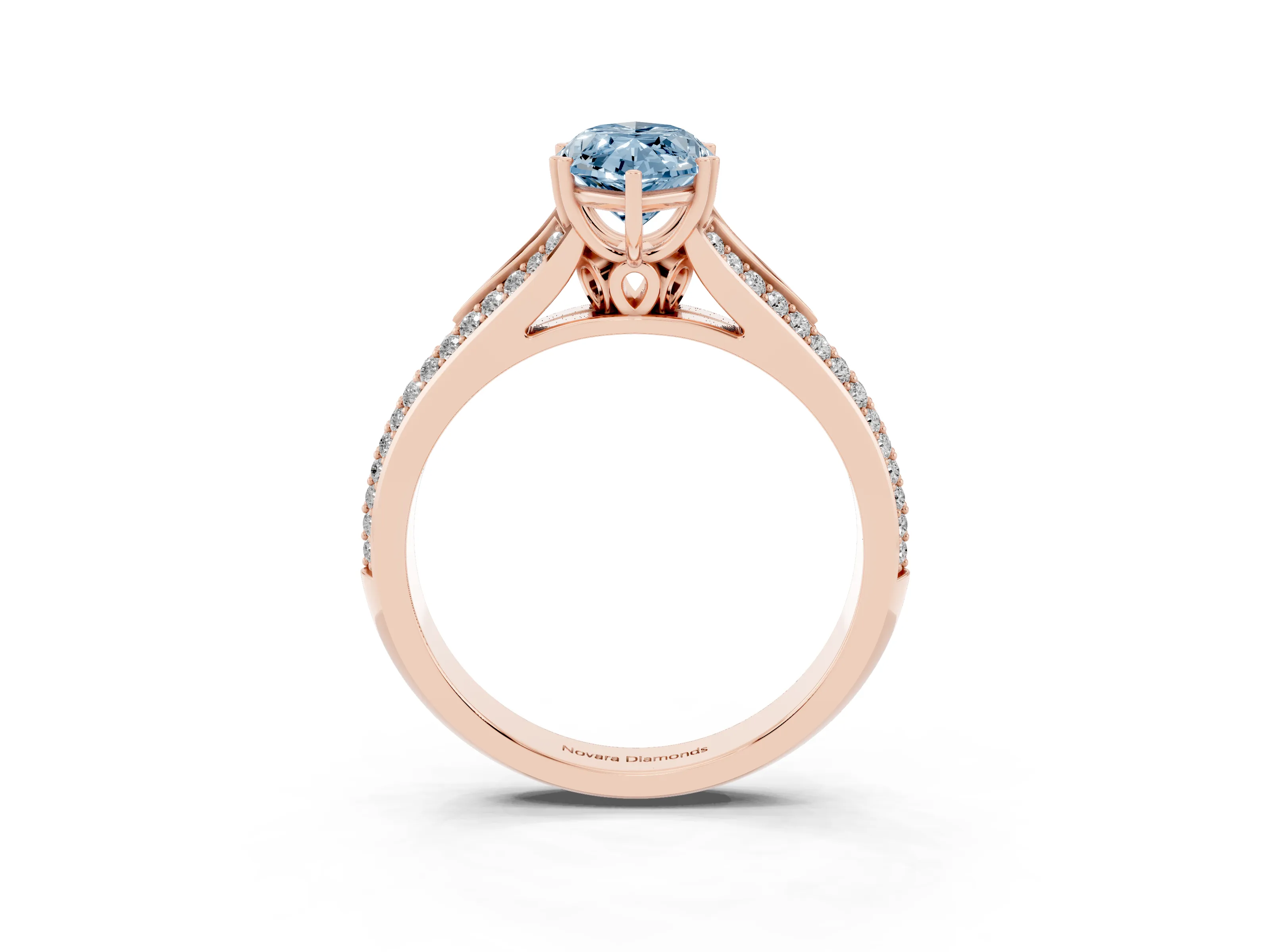 Fancy Blue Marquise Cut Diamond Split Shank Pavé Engagement Ring Set in Rose gold with Prong-Set Center Stone
