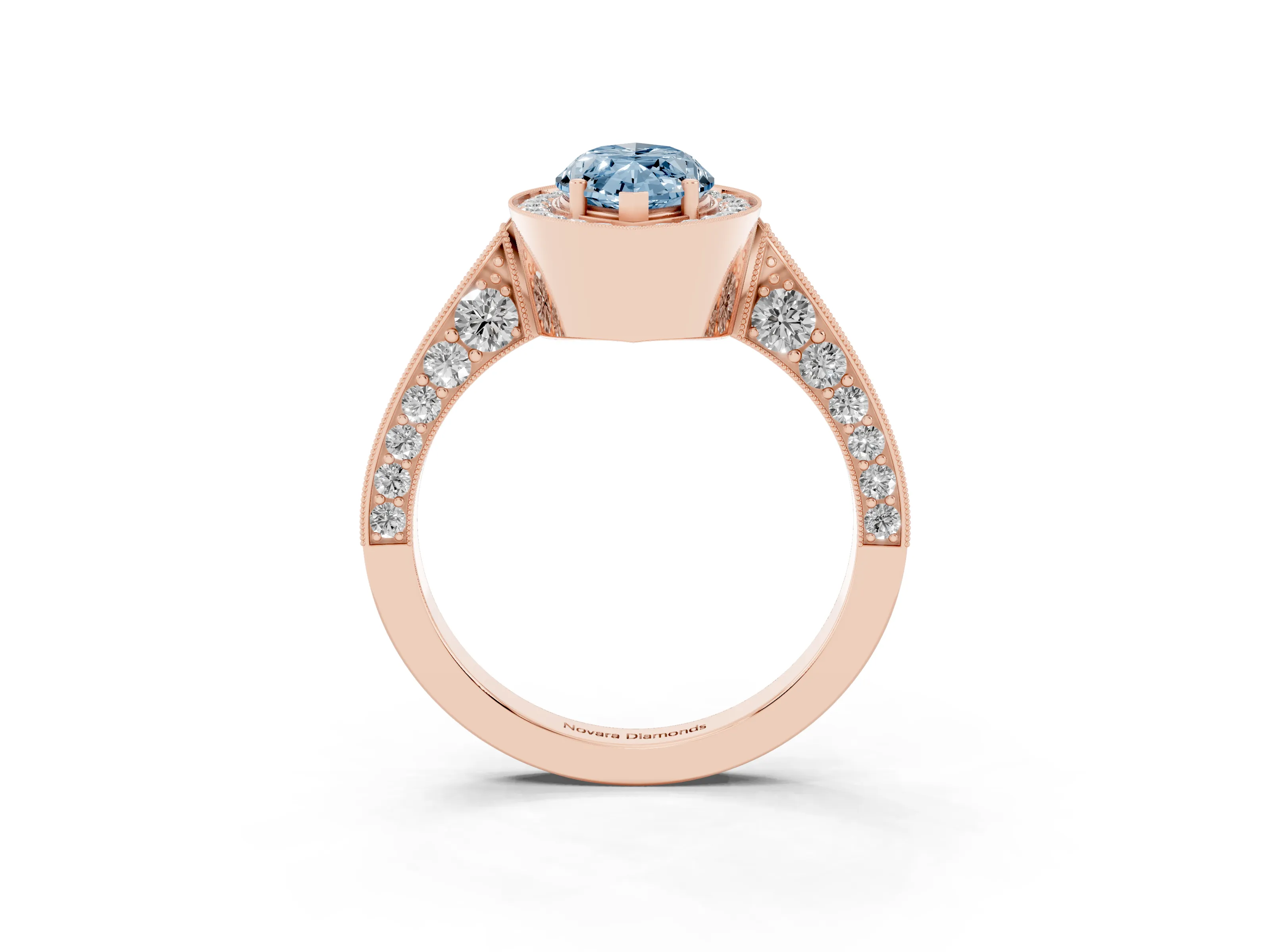 Fancy Blue Marquise Cut Diamond Halo Engagement Ring Set in Rose gold with Accent Split Shank Band