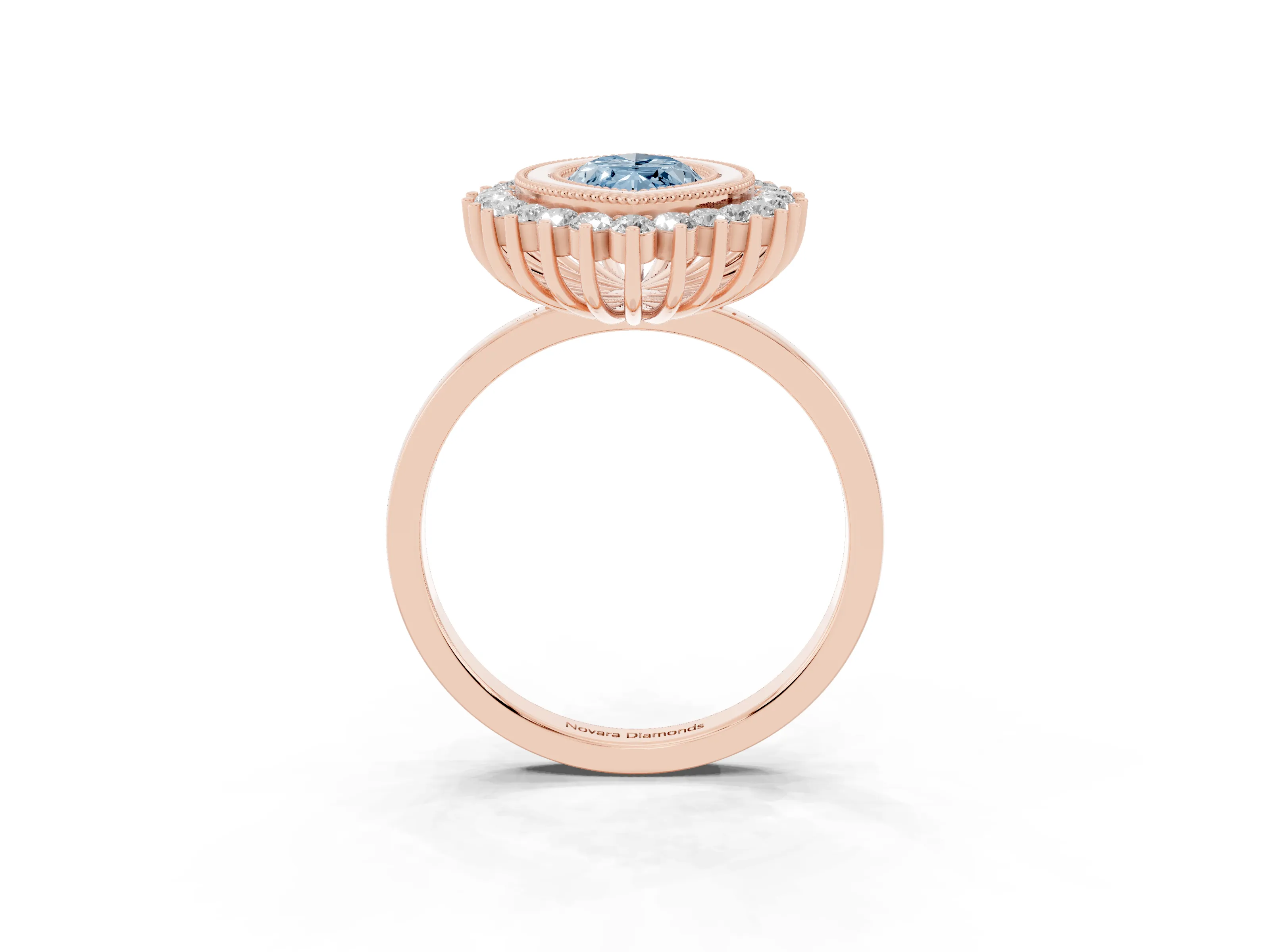 Fancy Blue Marquise Cut Diamond Halo Ring Set in Rose gold with Milgrain Edge and Round Prong Setting