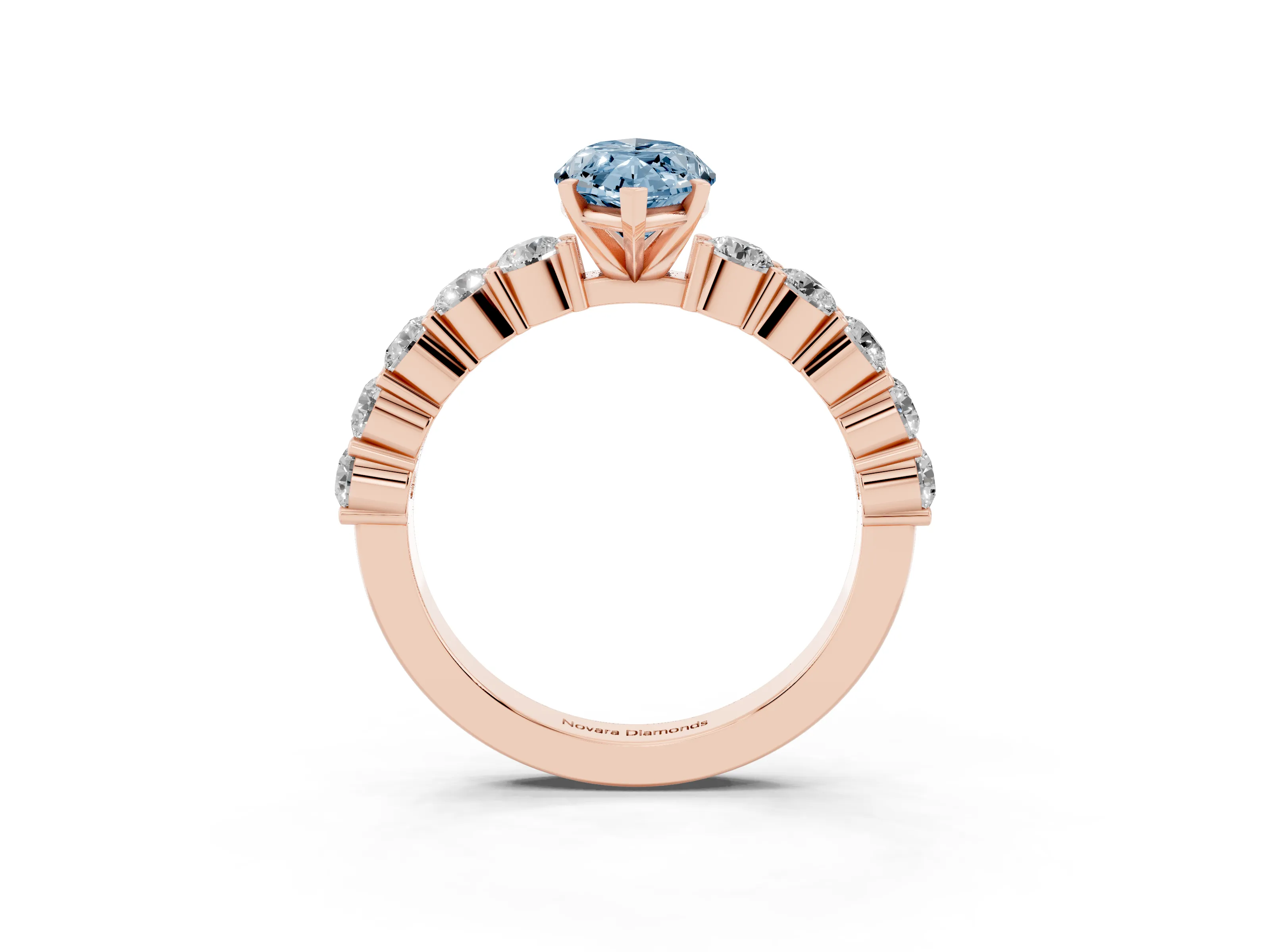 Fancy Blue Marquise Cut Diamond Solitaire Ring Set in Rose gold with Shared Prong Round Side Stones