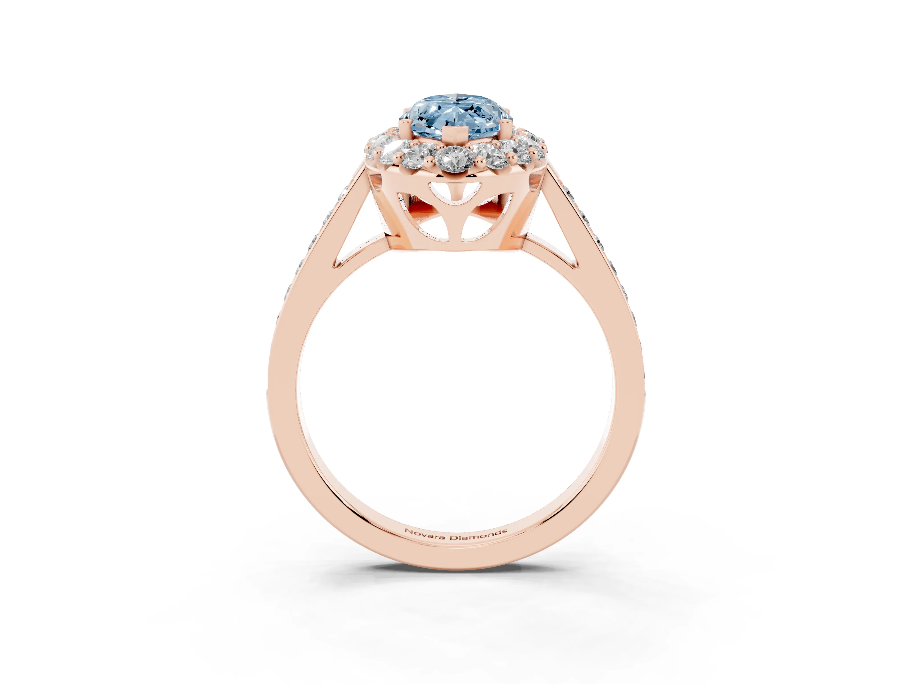 Fancy Blue Marquise Cut Diamond Floral Halo Ring Set in Rose gold with Pavé Band and Prong Setting