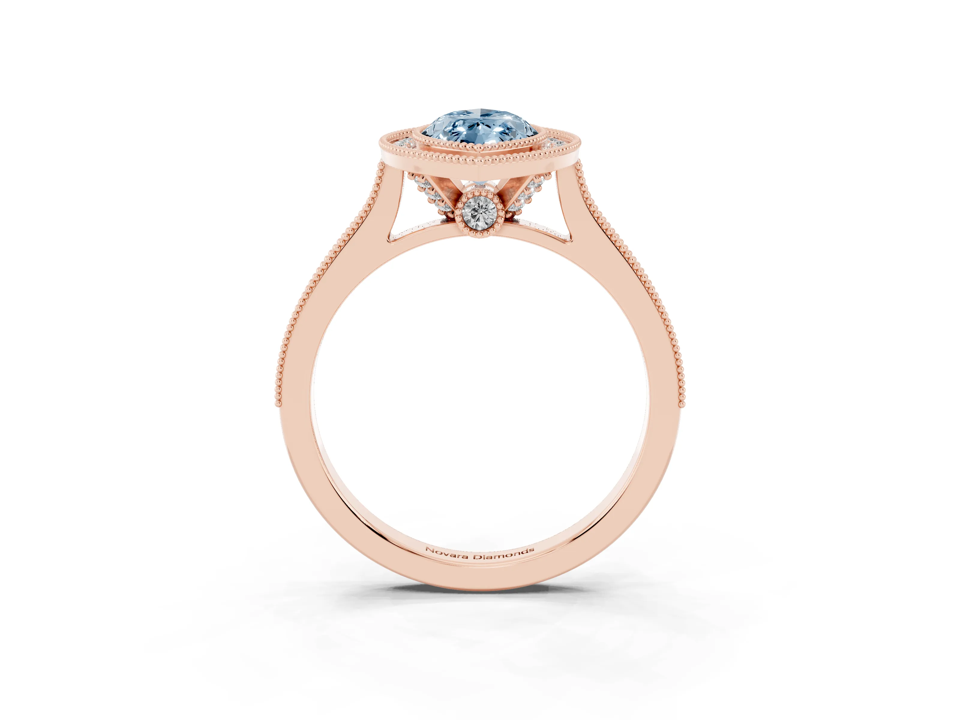 Fancy Blue Marquise Cut Diamond Halo Milgrain Pavé Band Ring Set in Rose gold with Prong Setting
