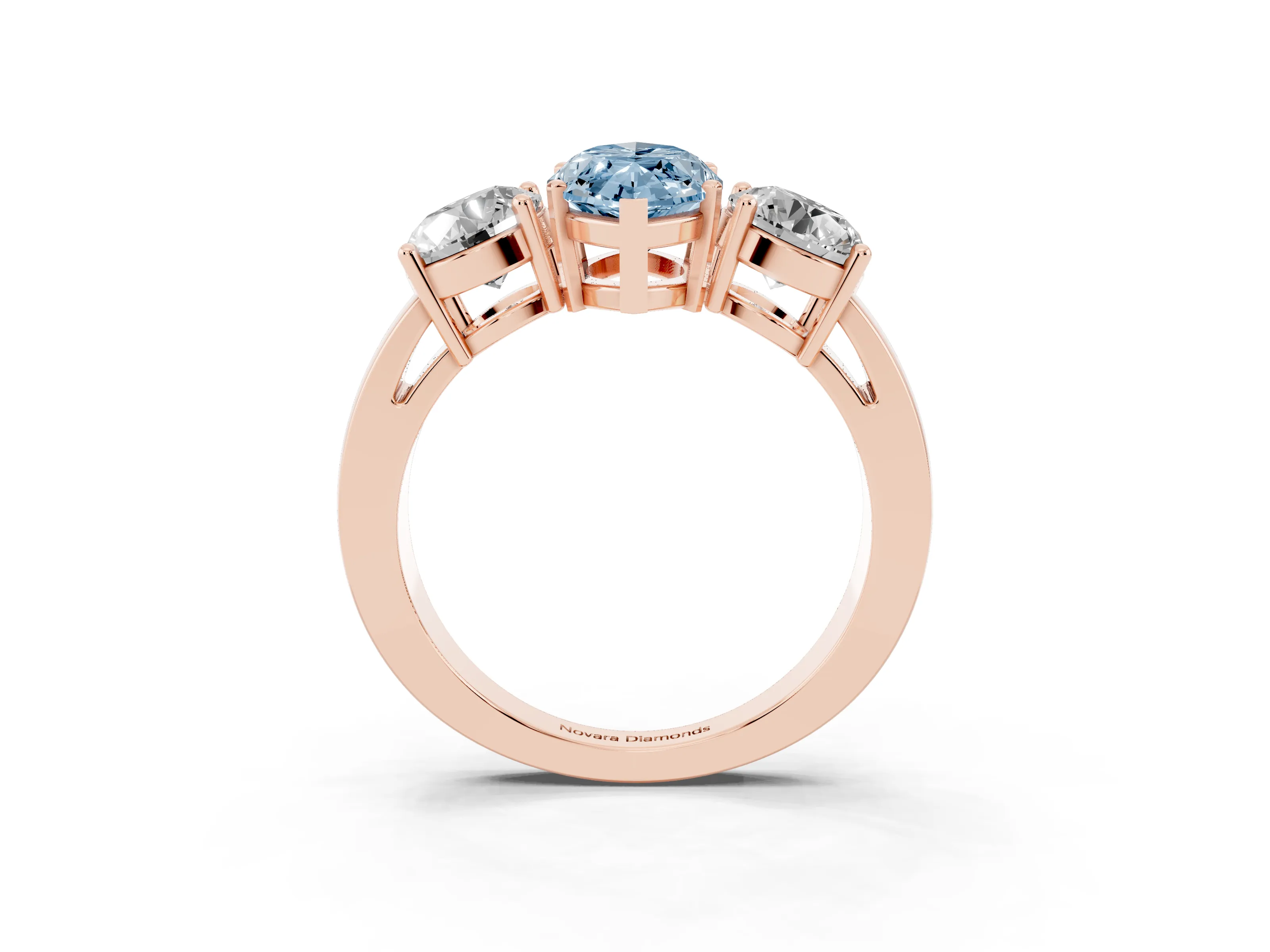 Fancy Blue Marquise Cut Diamond Three-Stone Ring Set in Rose gold with Round Side Stones and Classic Band