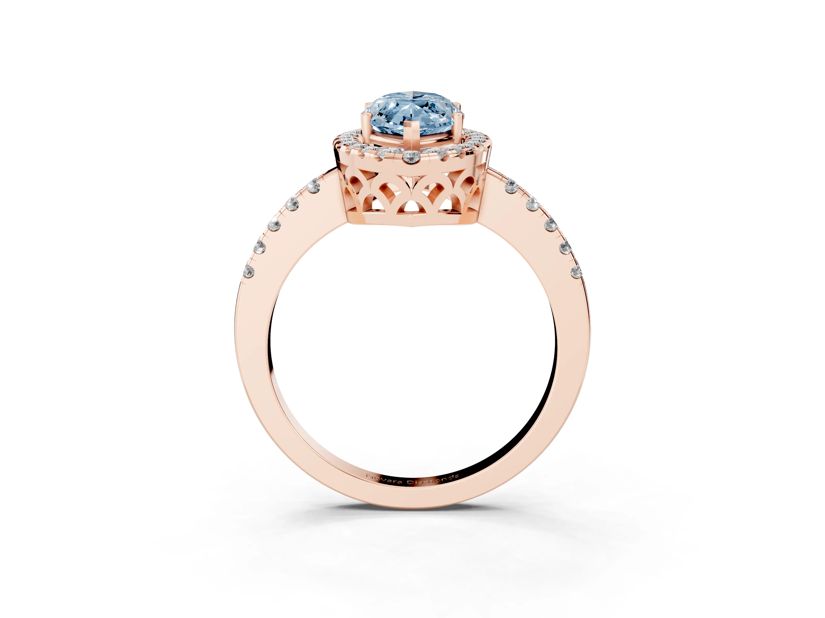 Fancy Blue Marquise Cut Diamond Pavé Band Halo Engagement Ring Set in Rose gold with Prong Setting