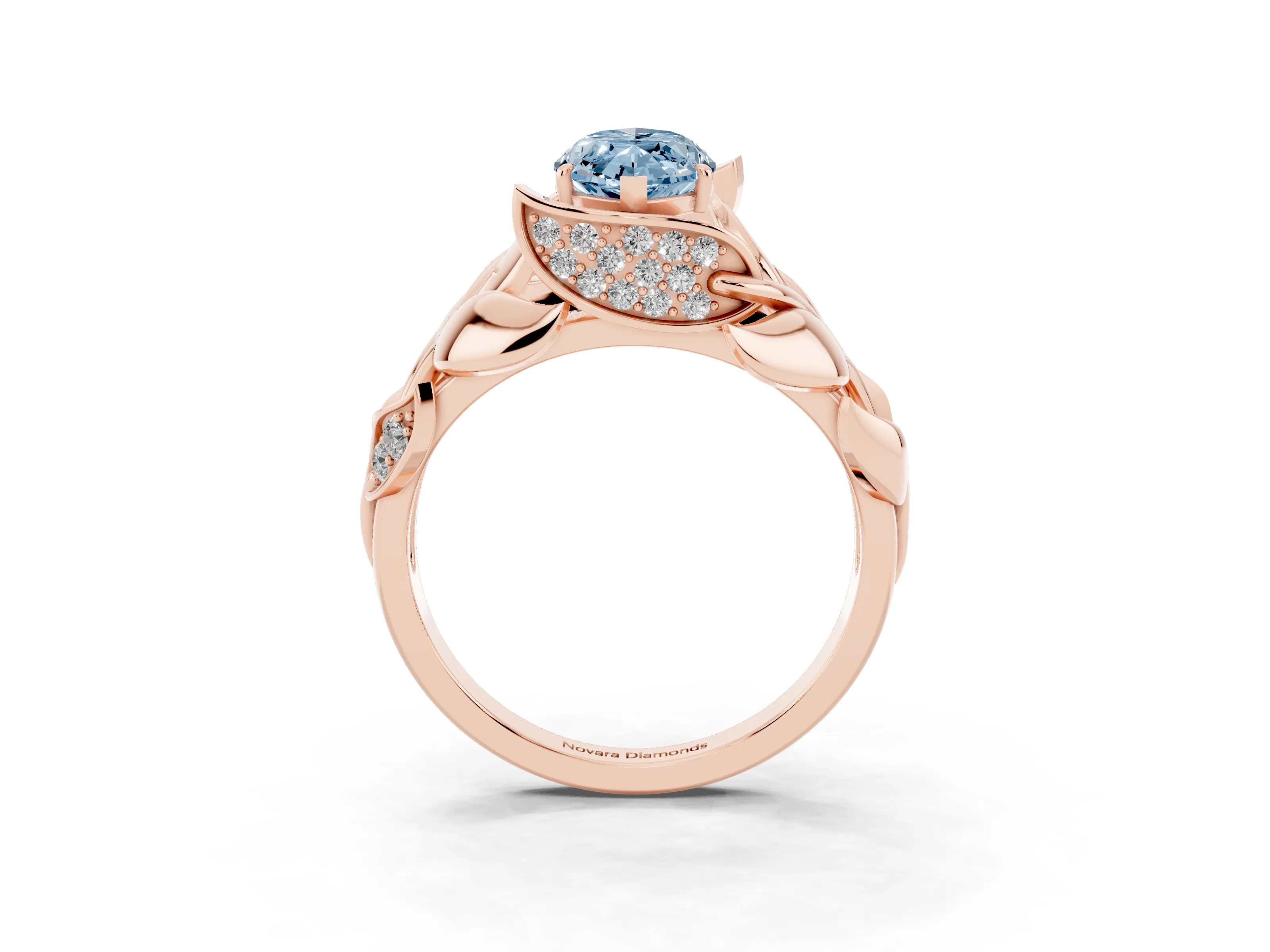 Fancy Blue Marquise Cut Diamond Leaf-Inspired Engagement Ring Set in Rose gold with Round Accents