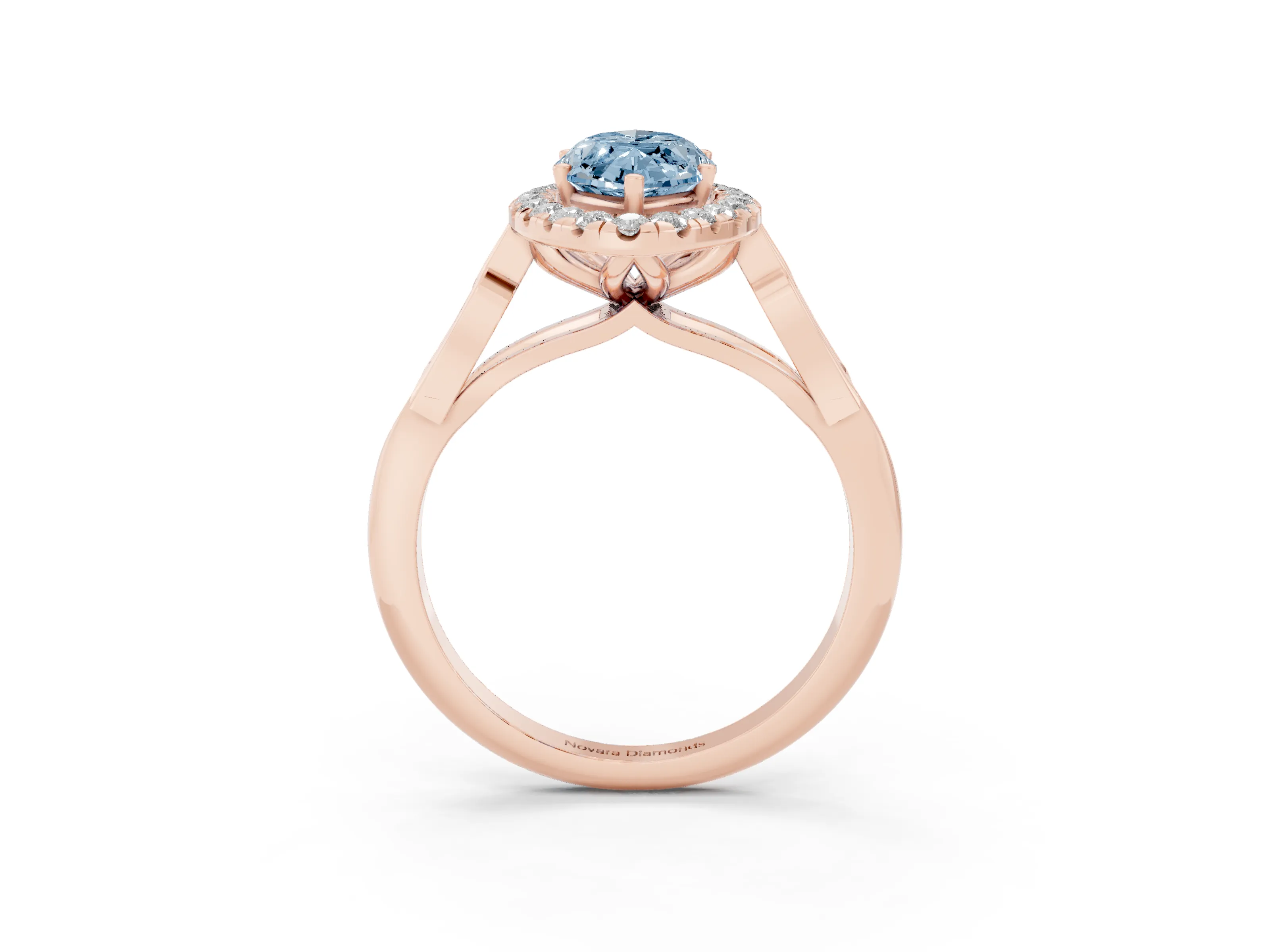 Fancy Blue Marquise Cut Diamond Halo Engagement Ring Set in Rose gold with Filigree Band and Prong-Set Center