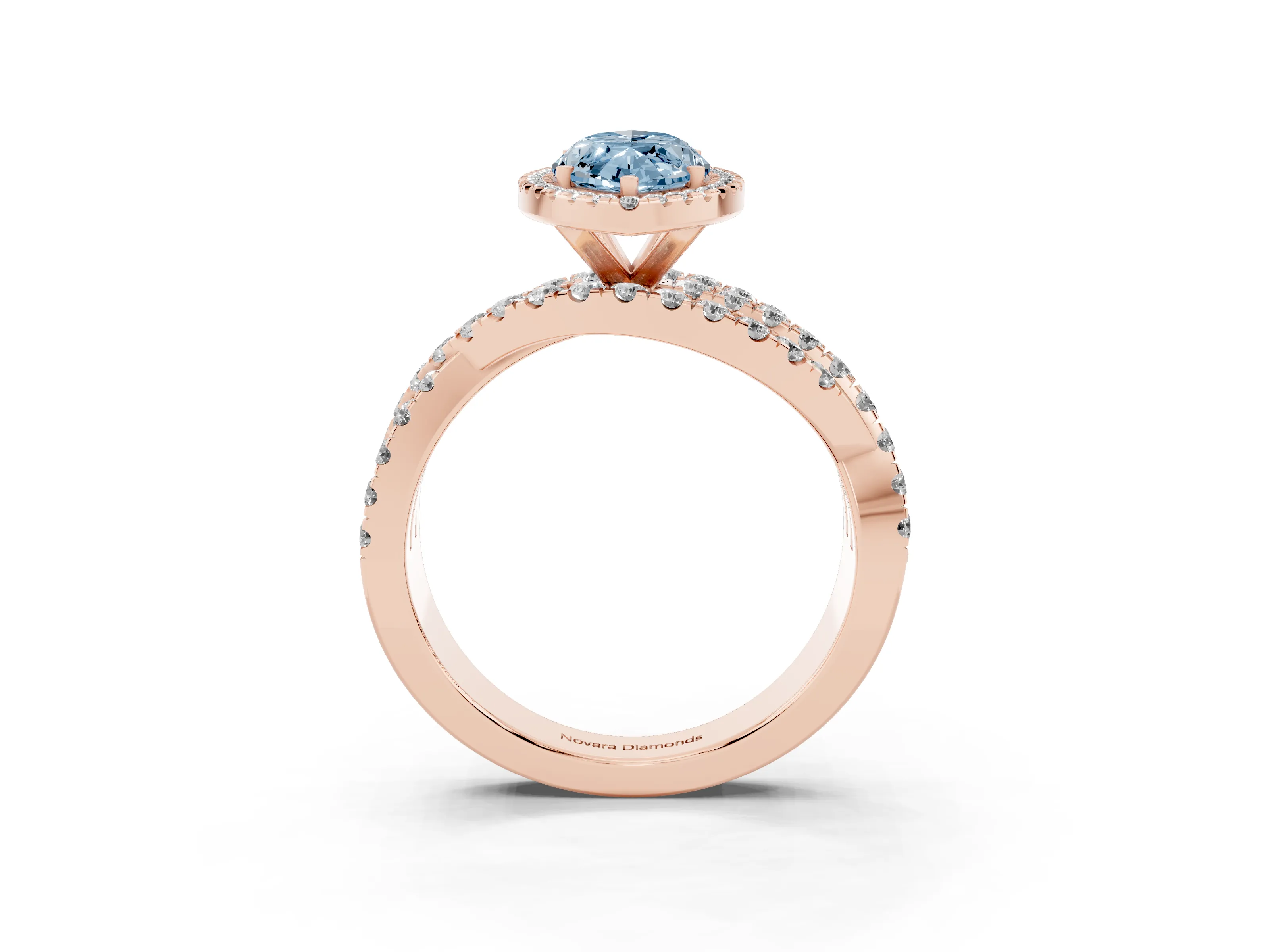 Fancy Blue Marquise Cut Diamond Halo Ring Set in Rose gold with Round Crossover Split Shank and Prong Setting