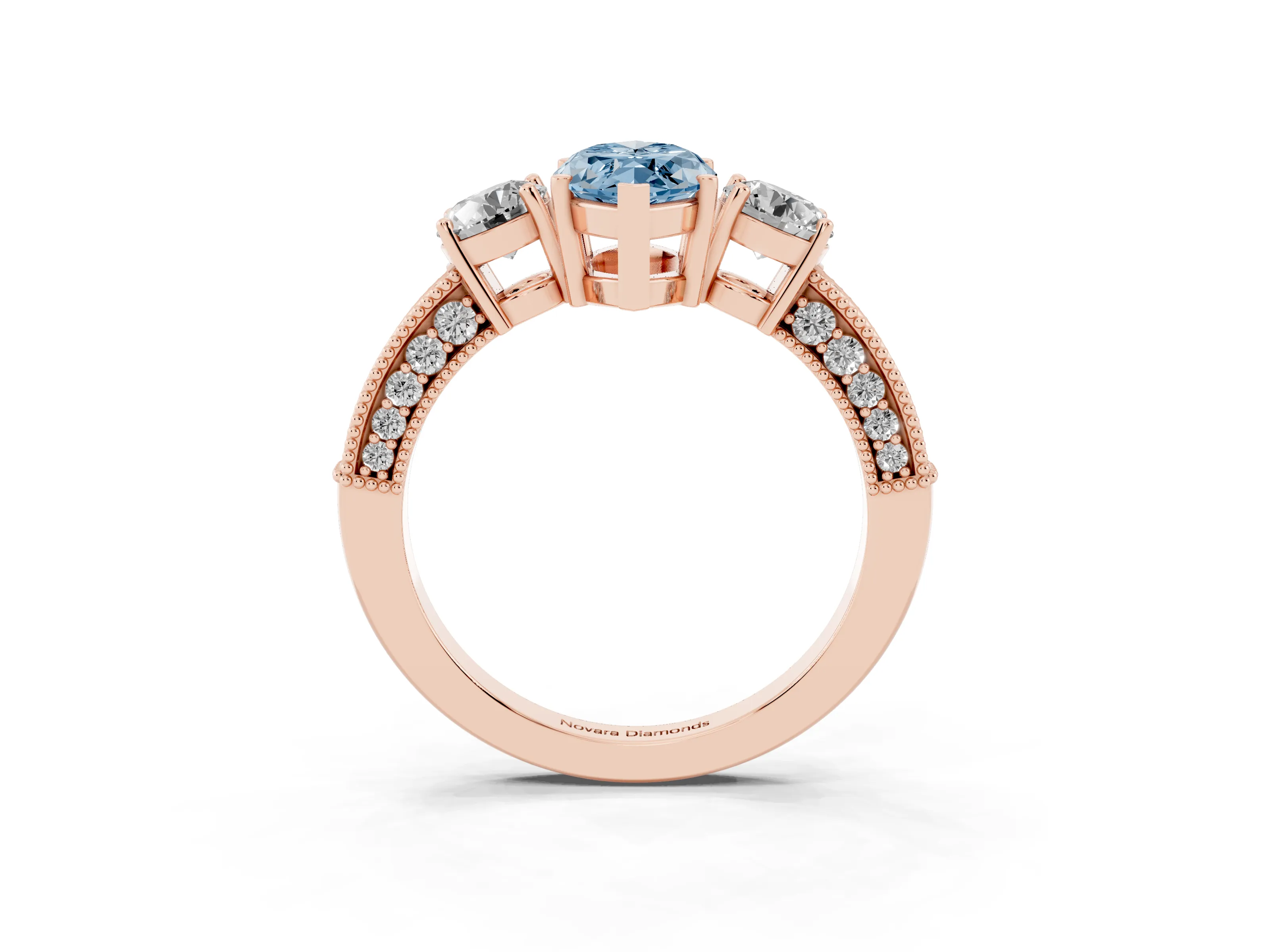Fancy Blue Marquise Cut Diamond Three-Stone Ring Set in Rose gold with Round Side Stones and Pavé Band