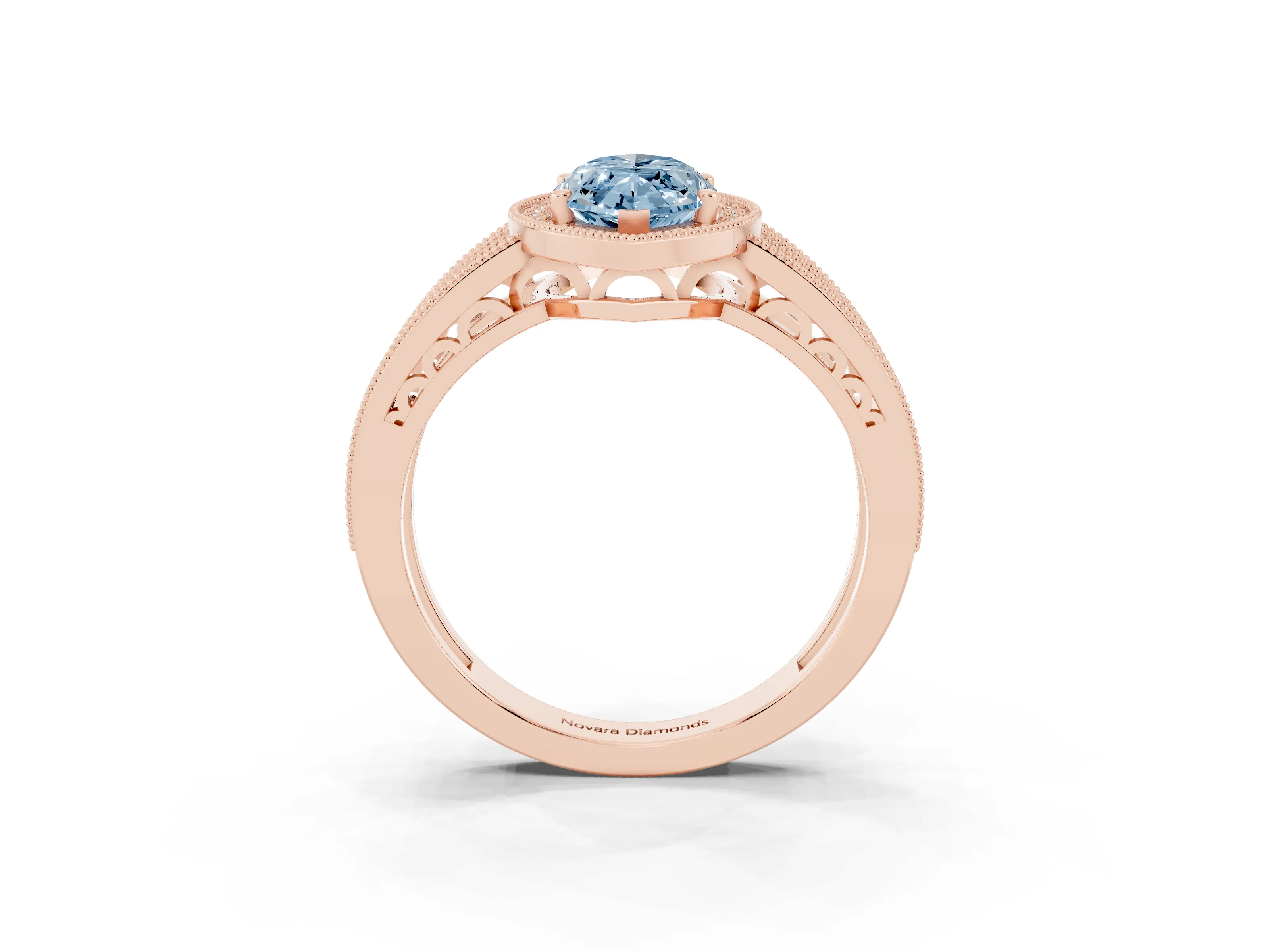 Fancy Blue Marquise Cut Diamond Halo Ring Set in Rose gold with Accent Split Shank and Prong Setting