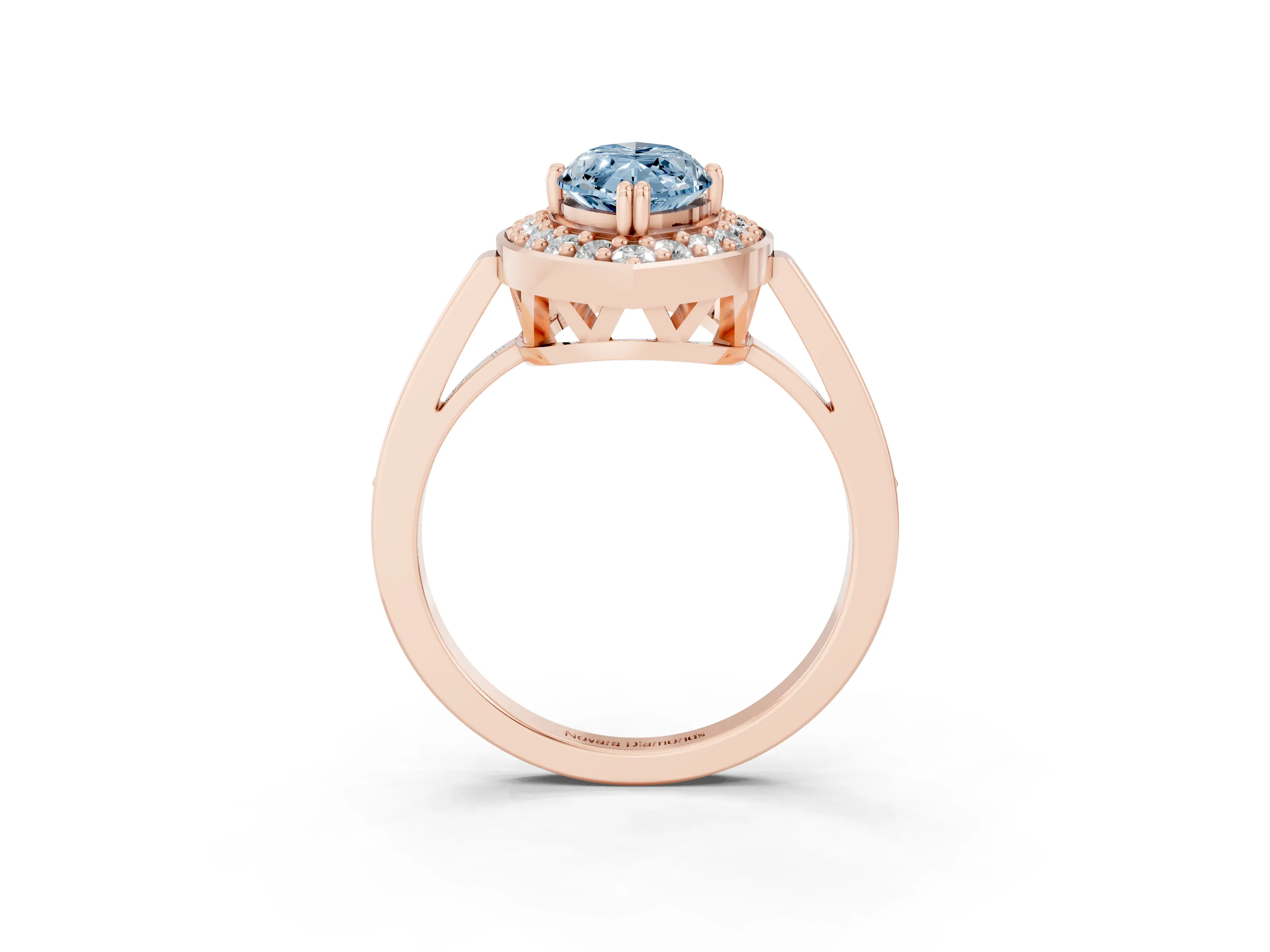 Fancy Blue Marquise Cut Diamond Halo Ring Set in Rose gold with Accent-Lined Split Shank and Prong Setting