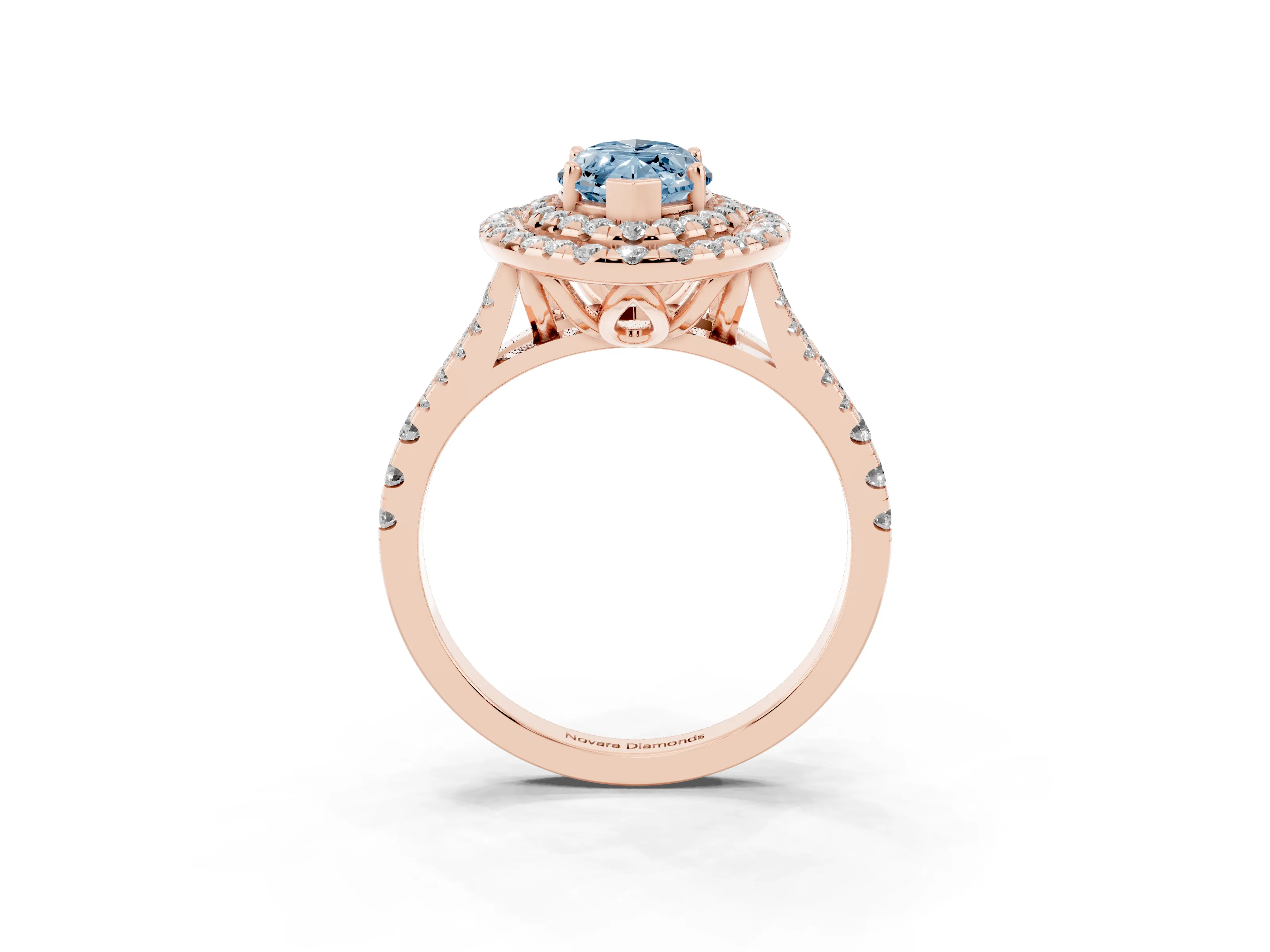 Fancy Blue Marquise Cut Diamond Double Halo Ring Set in Rose gold with Pavé Split Shank and Prong Setting