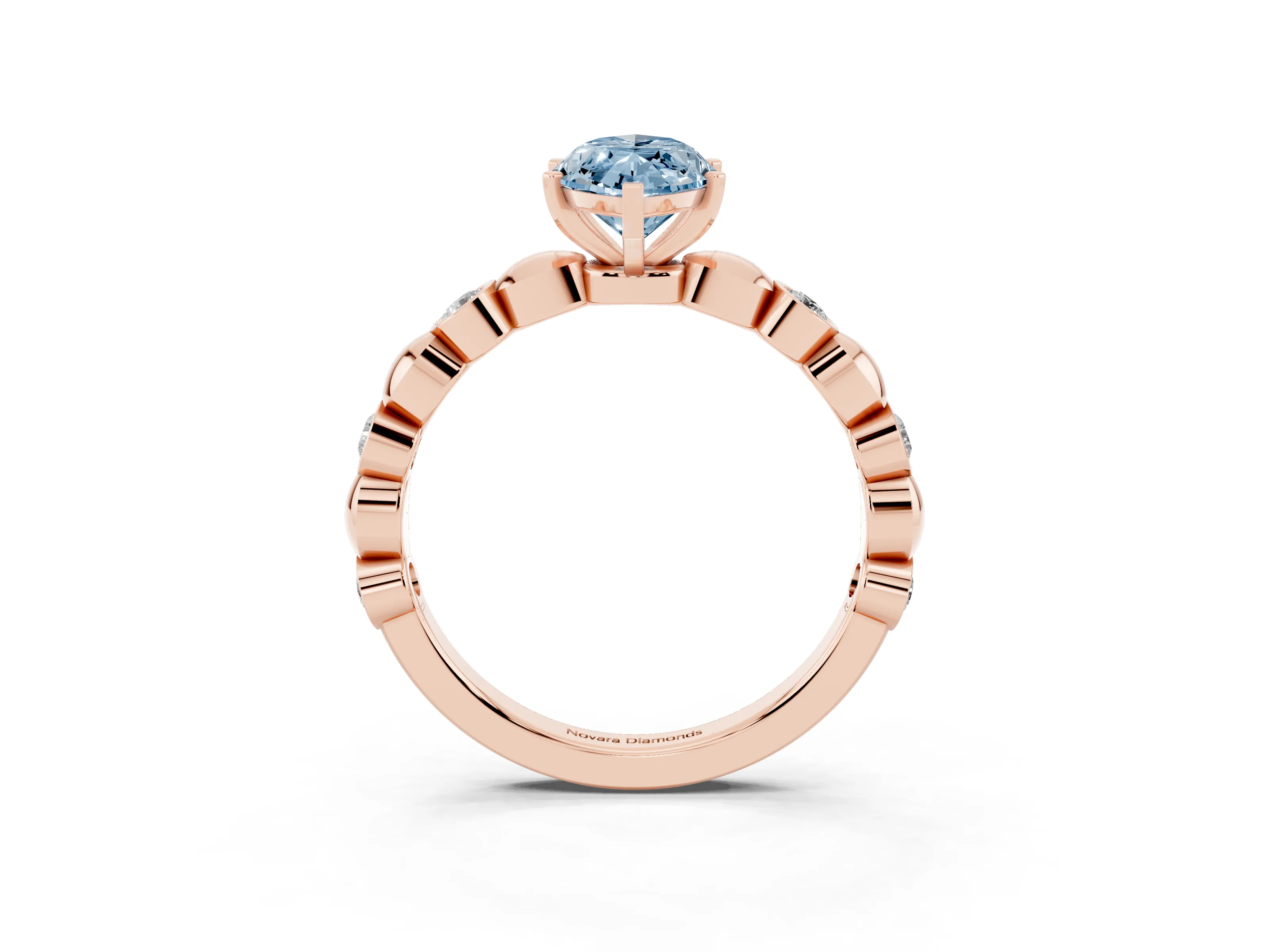 Fancy Blue Marquise Cut Diamond Solitaire Ring Set in Rose gold with Bezel-Set Accents on Beaded Band and Prong Setting