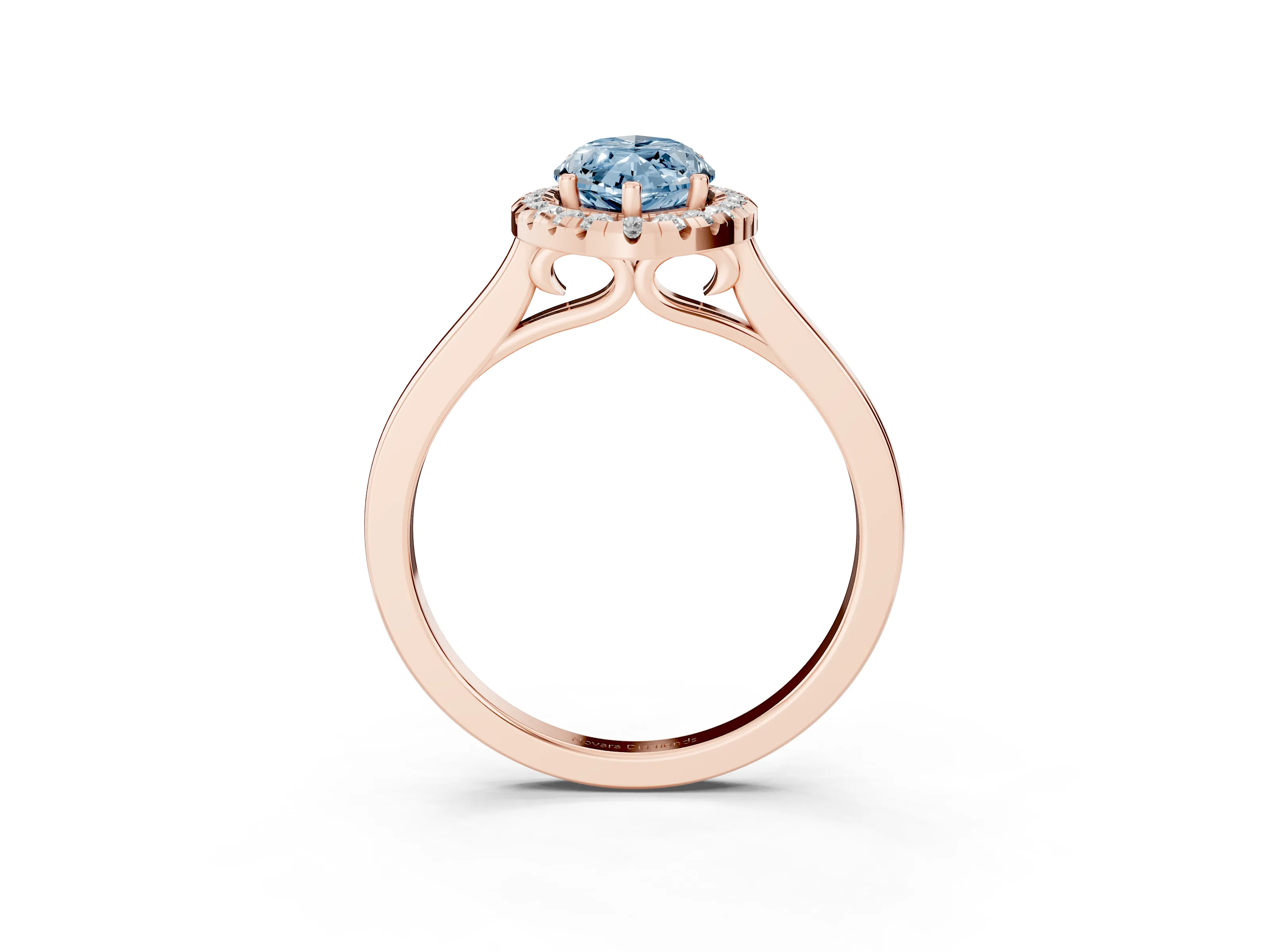 Fancy Blue Marquise Cut Halo Round Diamond Solitaire Ring Set in Rose gold with Pavé Band and Prong Setting