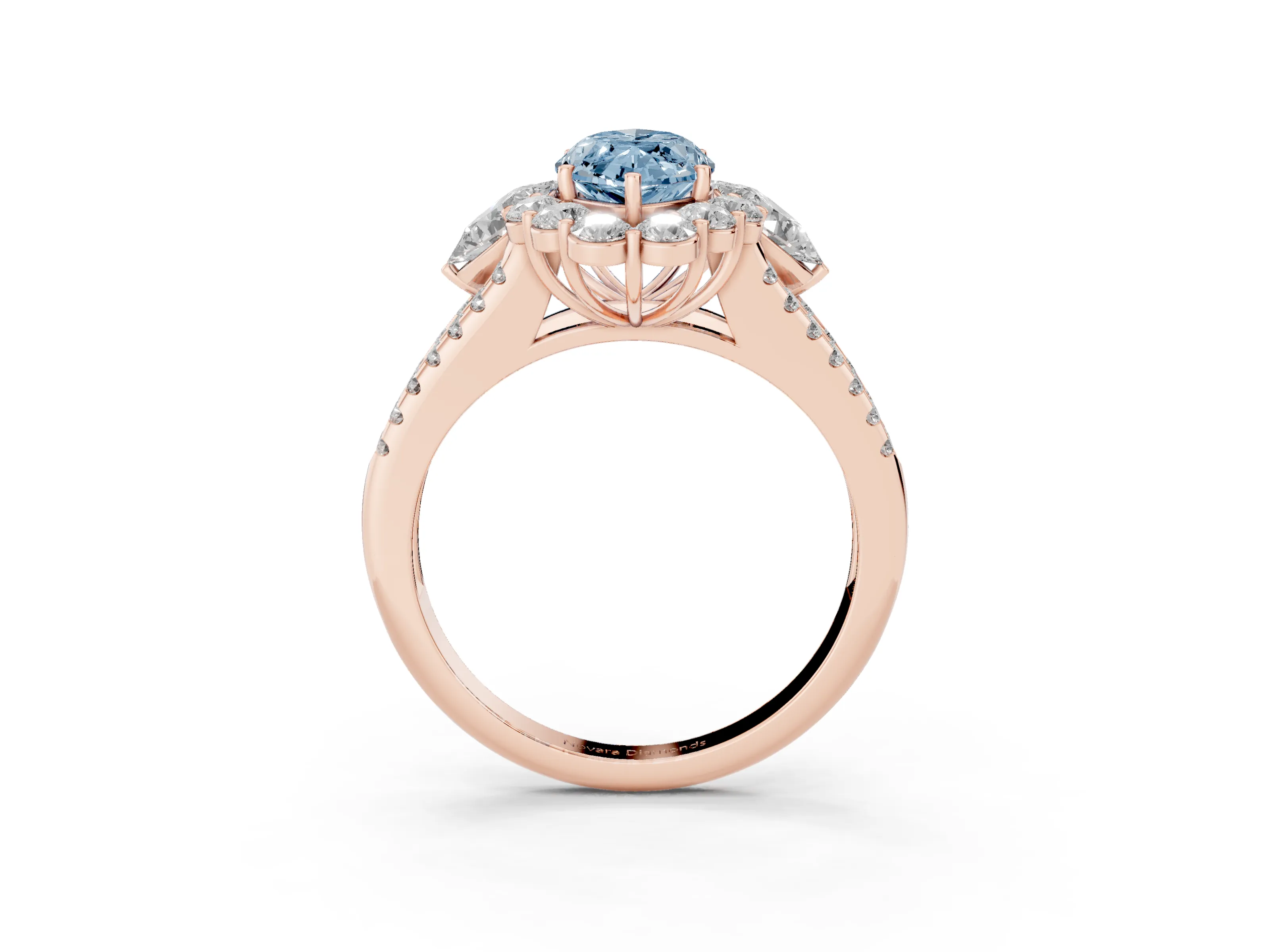 Fancy Blue Marquise Cut Diamond Halo Split Shank Engagement Ring Set in Rose gold with Prong-Held Center Stone