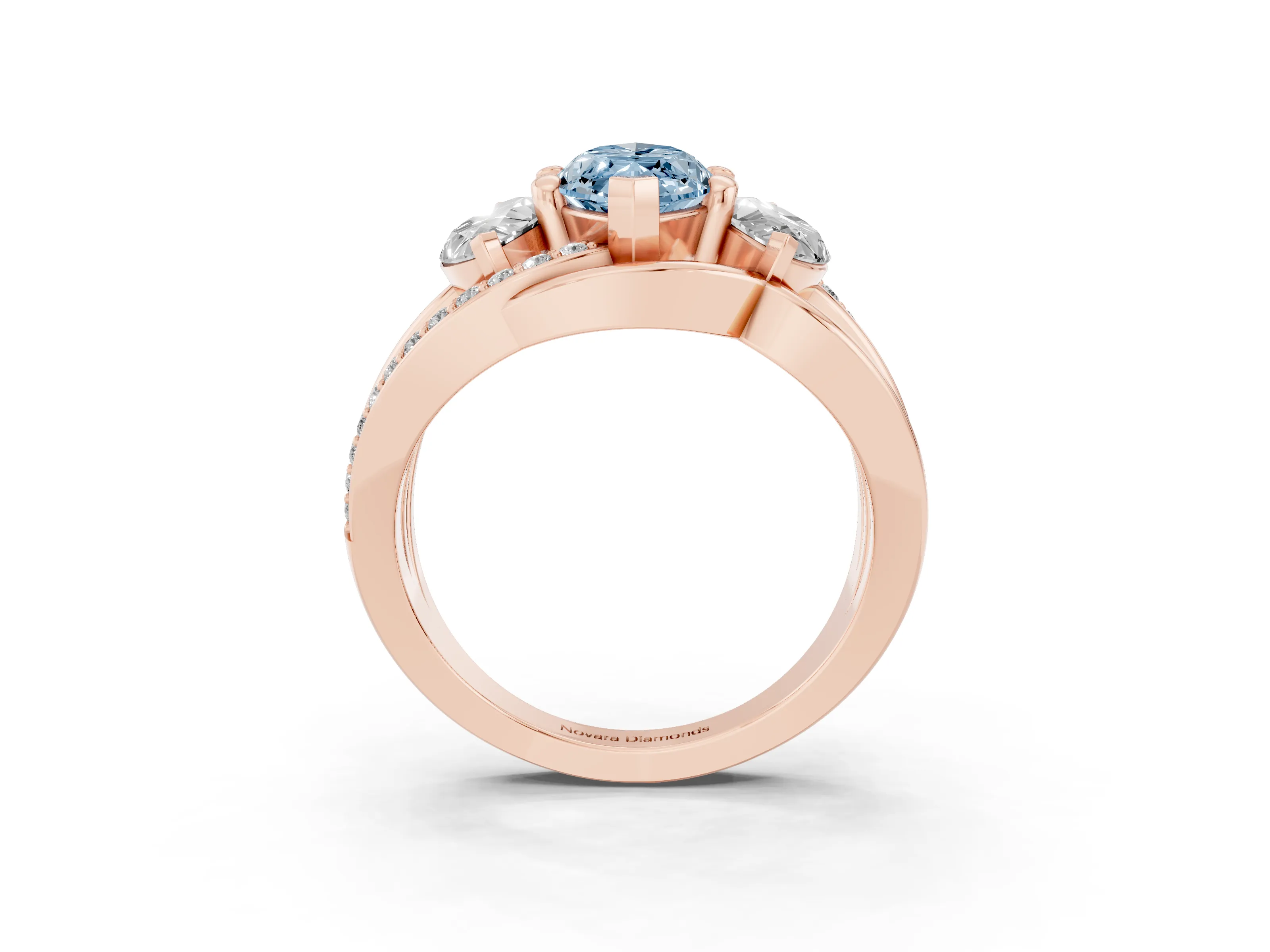 Fancy Blue Marquise Cut Diamond Three-Stone Ring Set in Rose gold with Split Shank and Prong Setting