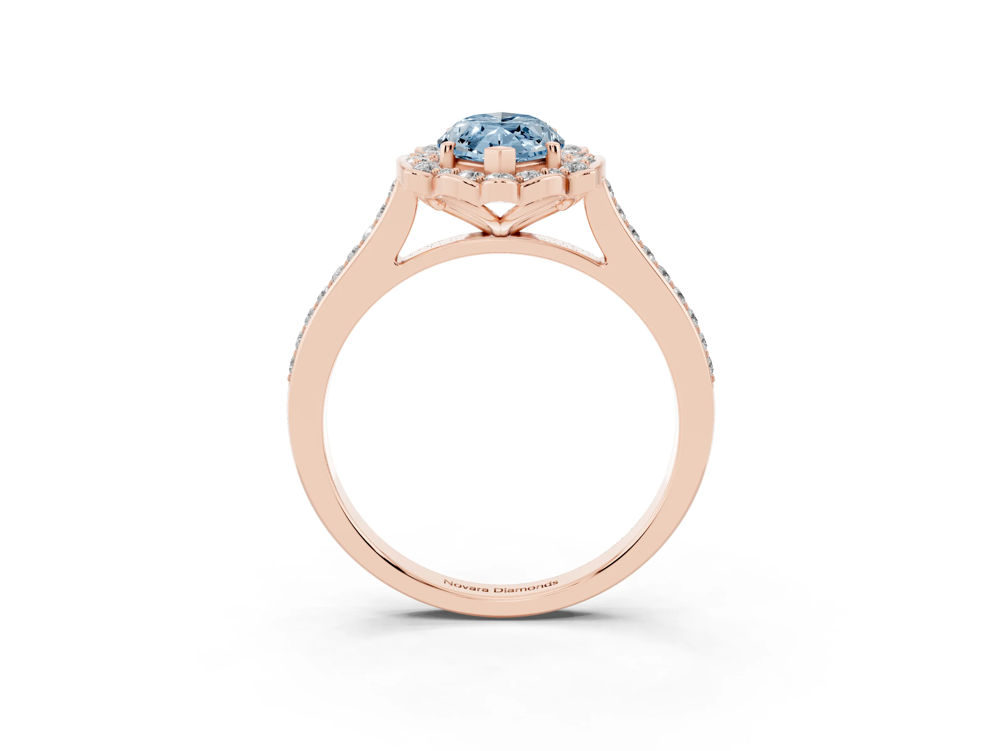 Fancy Blue Marquise Cut Diamond Halo Ring Set in Rose gold with Pavé-Lined Shoulders and Prong Setting