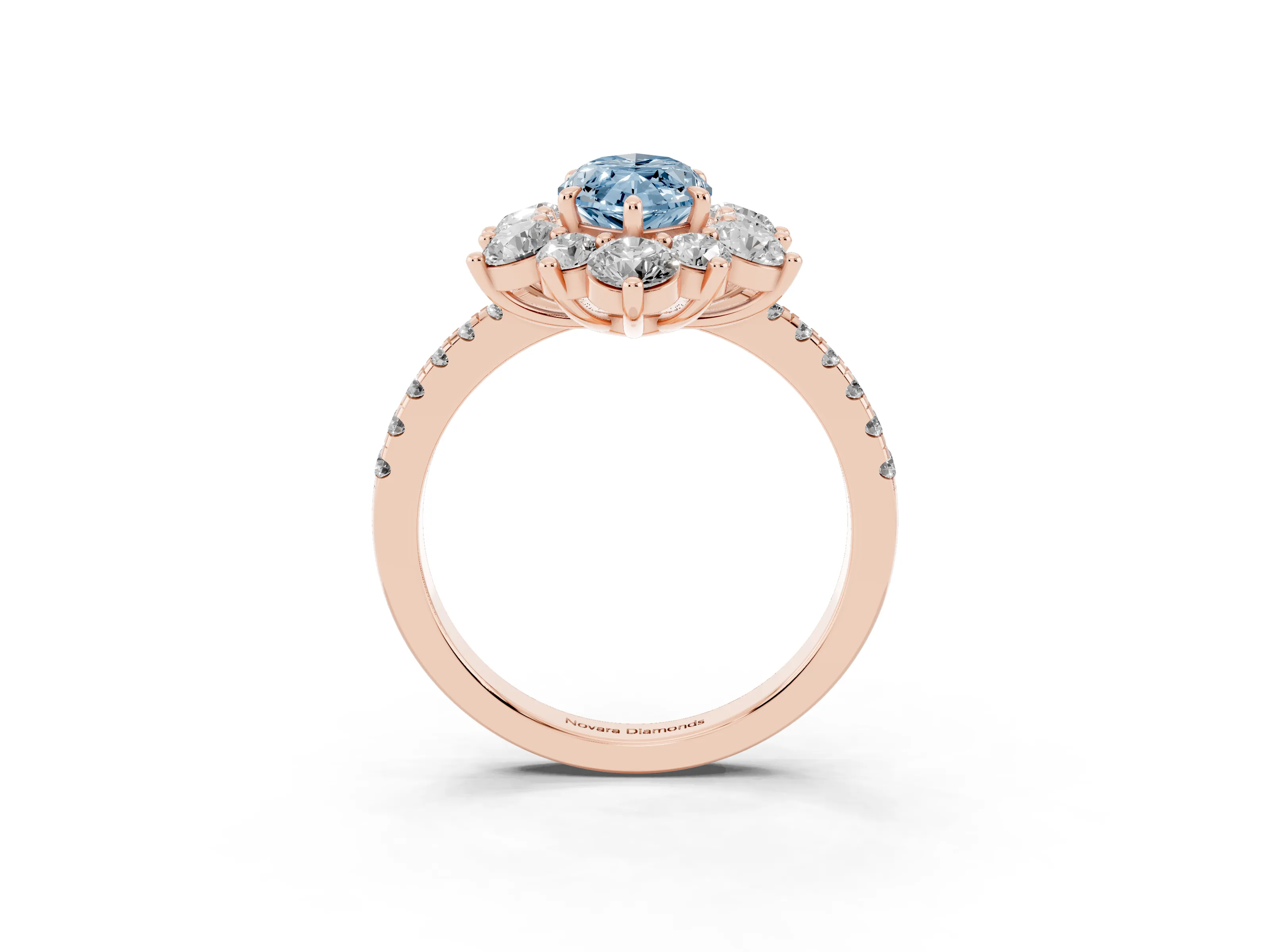 Fancy Blue Marquise Cut Diamond Floral Halo Ring Set in Rose gold with Round Pavé Band and Prong Setting