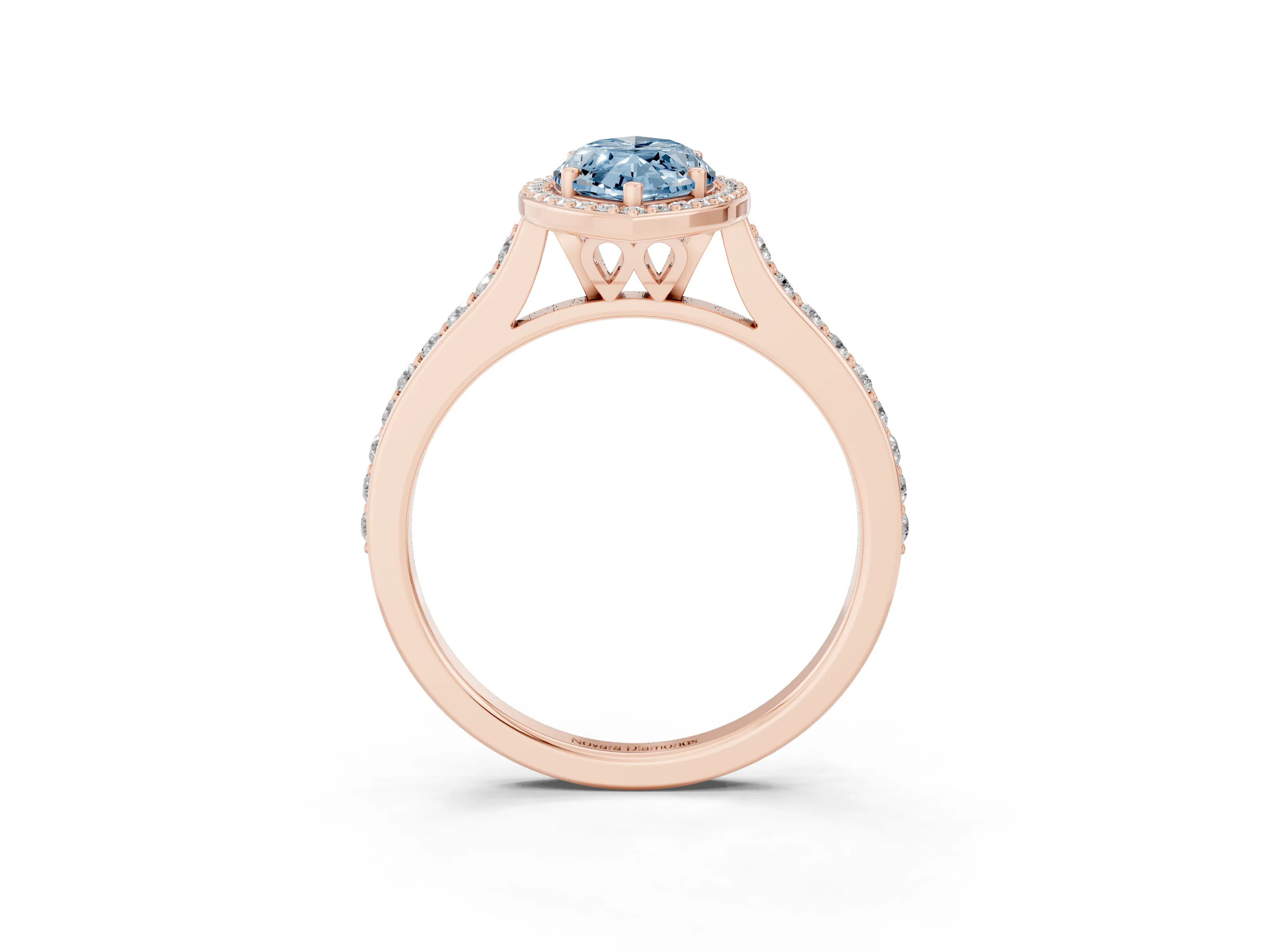 Fancy Blue Marquise Cut Diamond Halo Engagement Ring Set in Rose gold with Round Pavé Shoulders and Heart Gallery