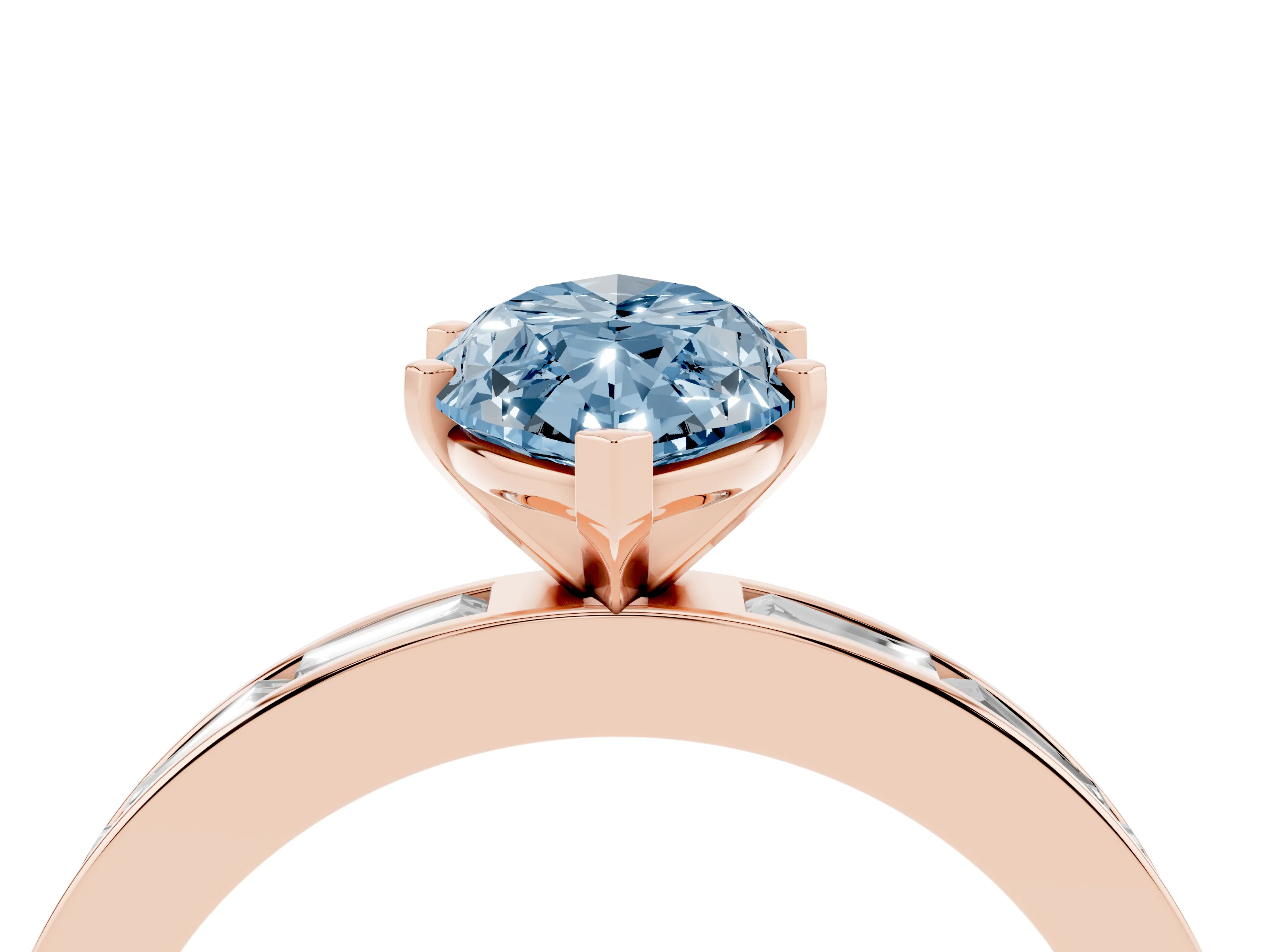 Fancy Blue Marquise Cut Diamond Solitaire Ring Set in Rose gold with Channel-Set Baguette Band and Prong Setting