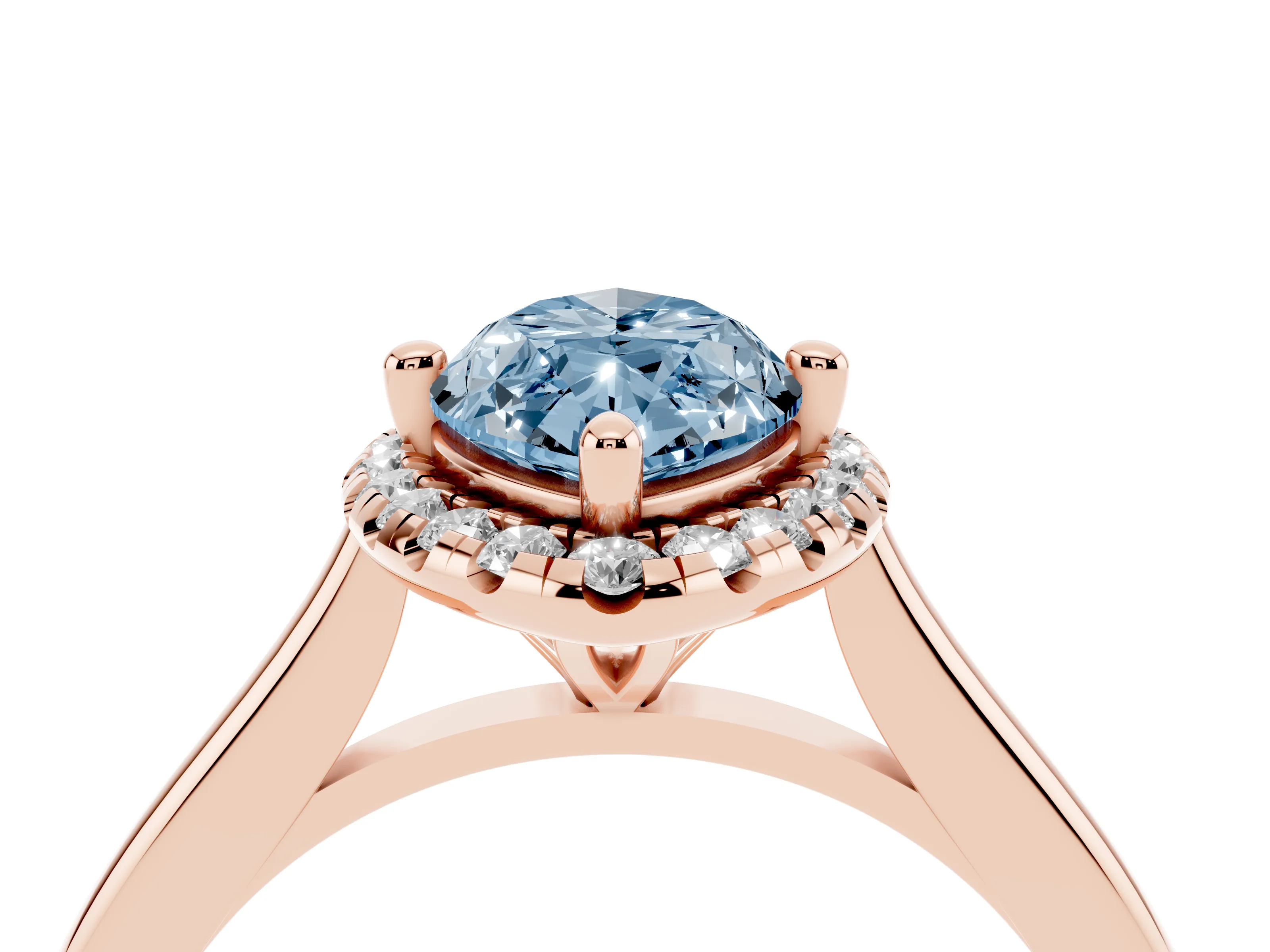 Fancy Blue Marquise Cut Diamond Halo Engagement Ring Set in Rose gold with Pavé Band and Rising Shoulders