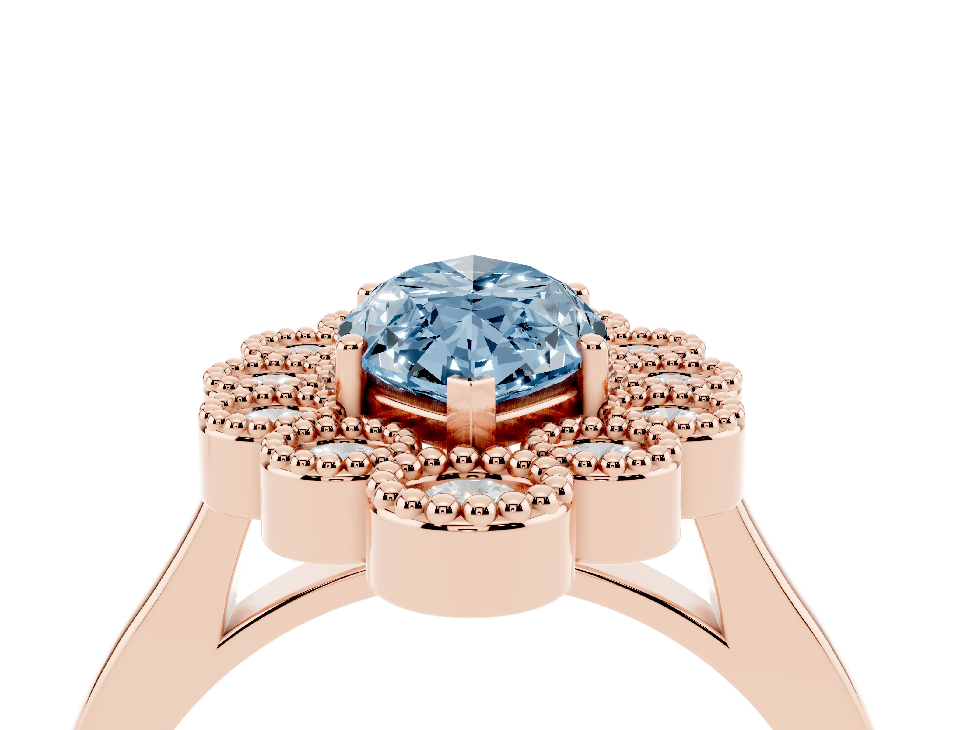 Fancy Blue Marquise Cut Diamond Cluster Halo Ring Set in Rose gold with Milgrain Bezel Accents and Plain Band