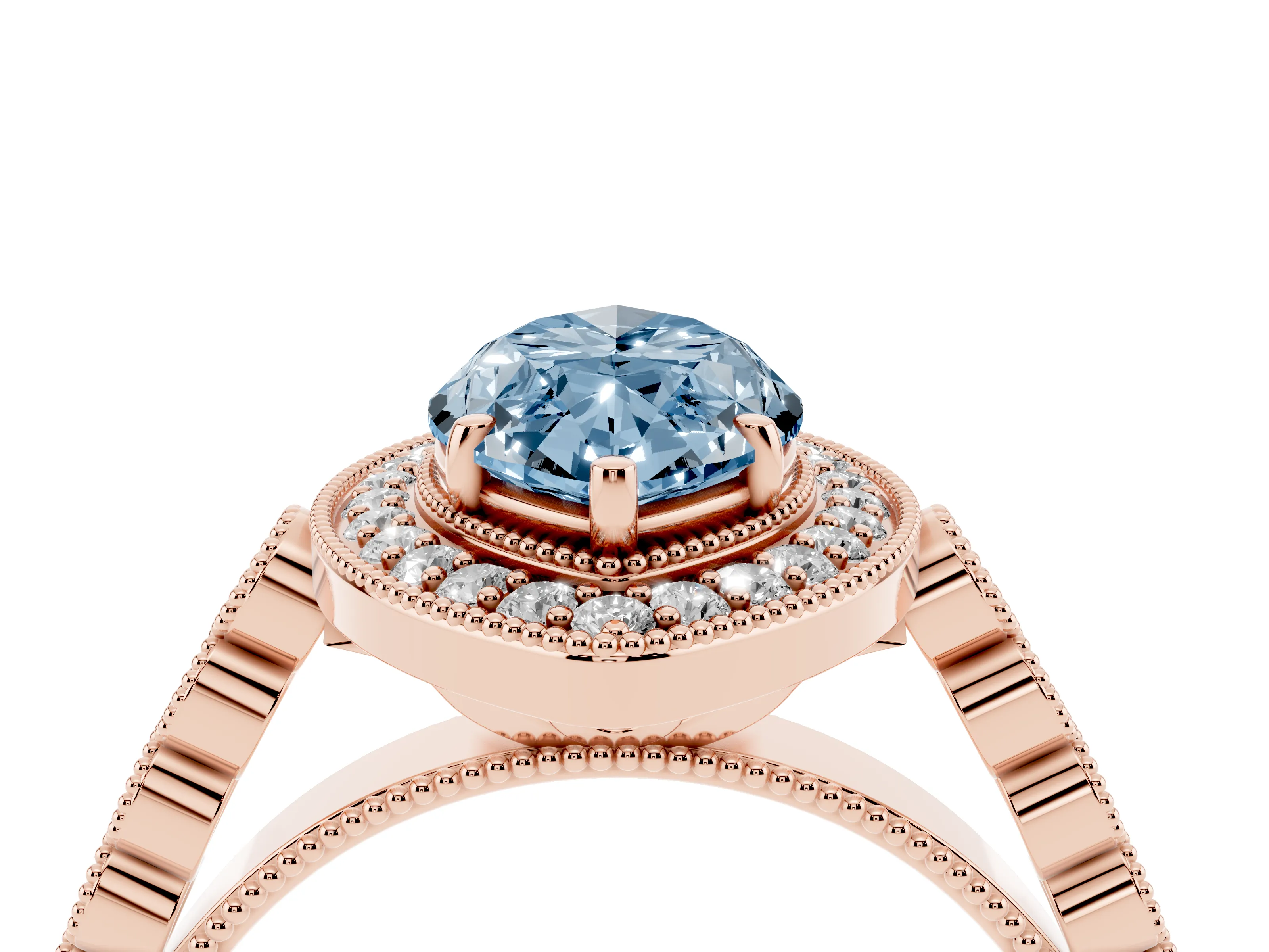 Fancy Blue Marquise Cut Diamond Milgrain Halo Solitaire Ring Set in Rose gold with Bezel Set Side Stones and Pavé Band