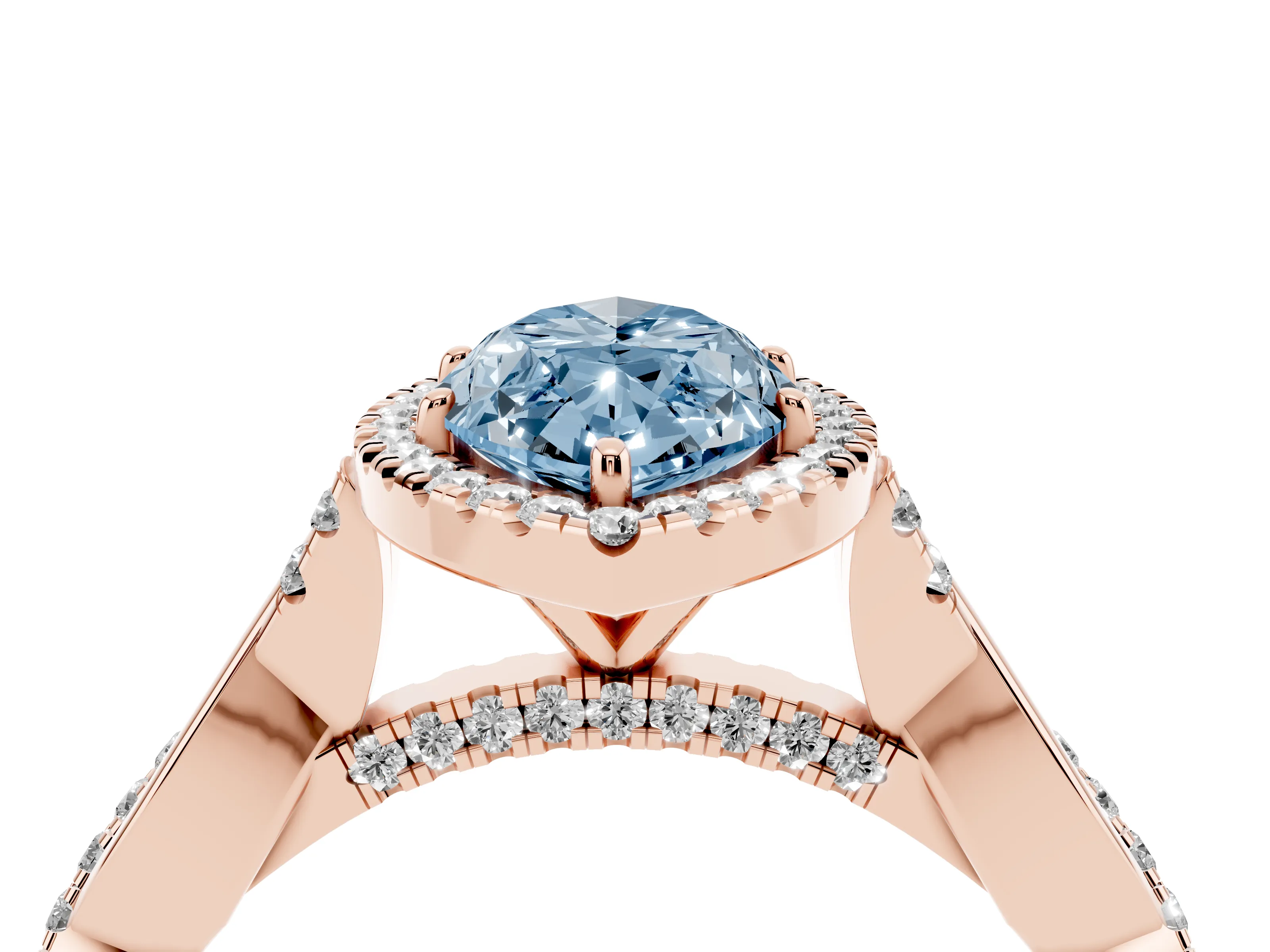 Fancy Blue Marquise Cut Diamond Halo Twist Band Solitaire Ring Set in Rose gold with Prong Setting