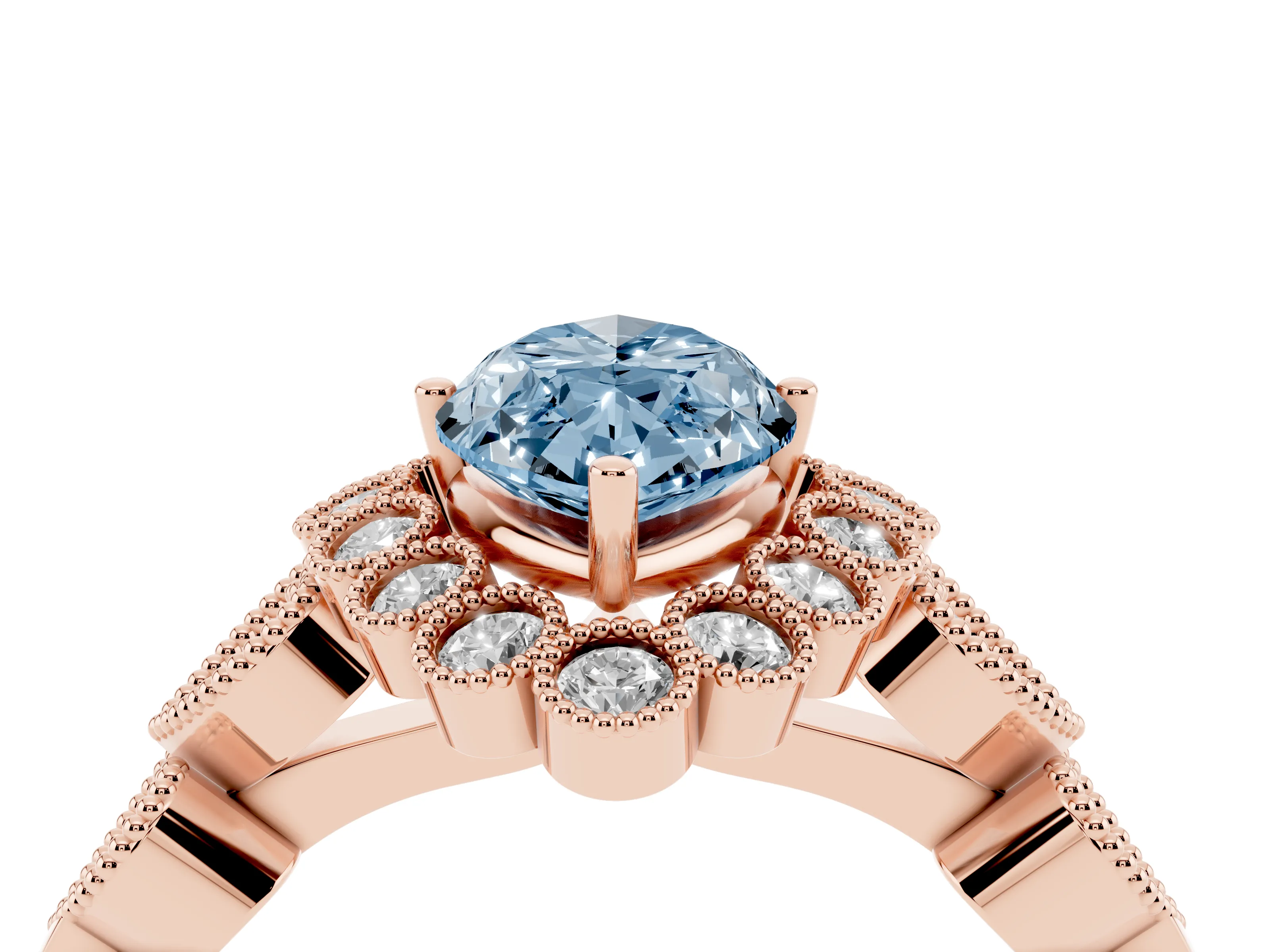 Fancy Blue Marquise Cut Diamond Solitaire Ring Set in Rose gold with Milgrain Pavé Heart Band