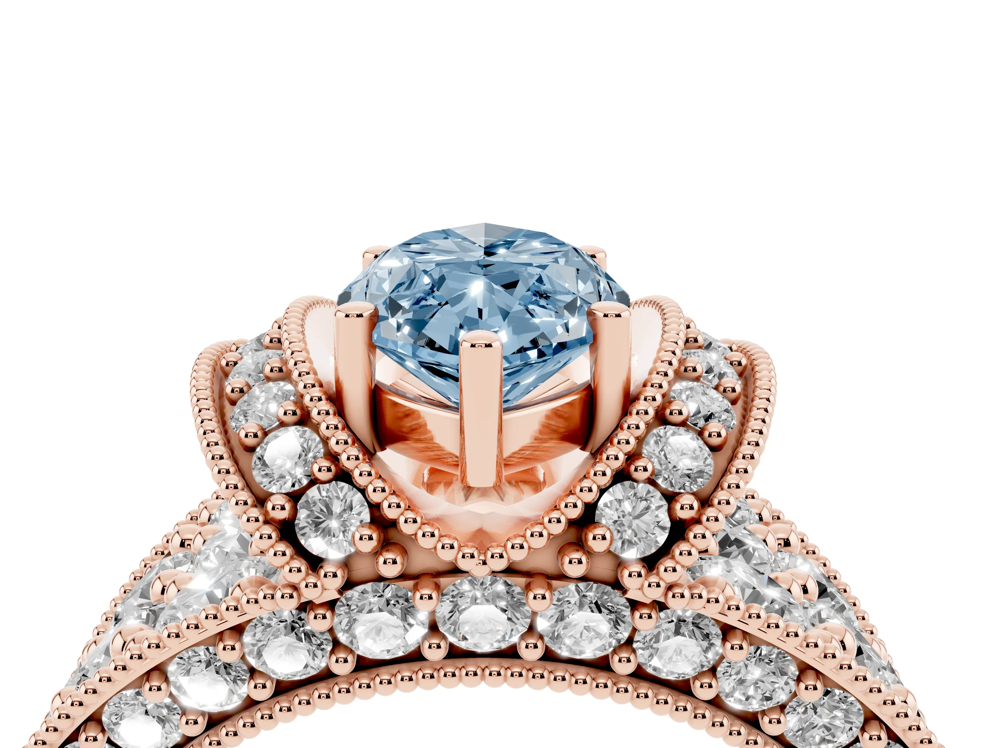 Fancy Blue Marquise Cut Diamond Milgrain Halo Pavé Engagement Ring Set in Rose gold with Prong Setting