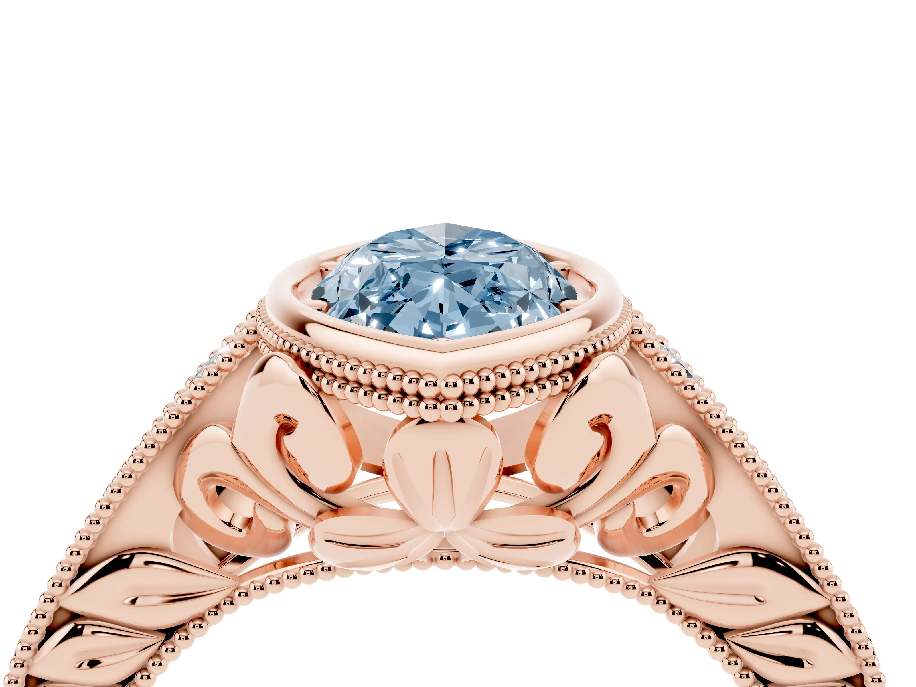 Fancy Blue Bezel Set Marquise Cut Diamond Milgrain Pavé Engagement Ring Set in Rose gold