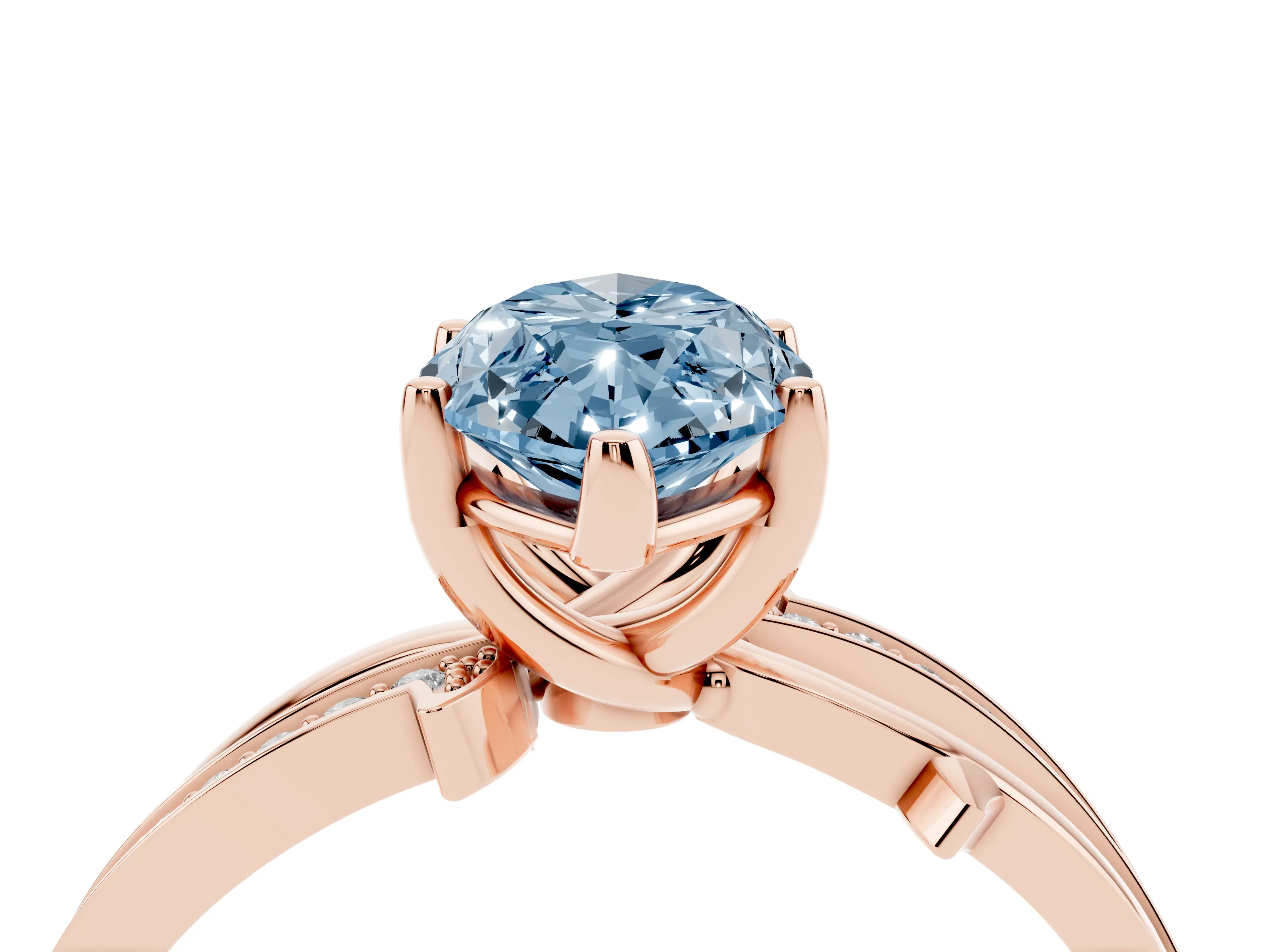 Fancy Blue Marquise Cut Diamond Pavé Twist Band Solitaire Ring Set in Rose gold with Prong Setting