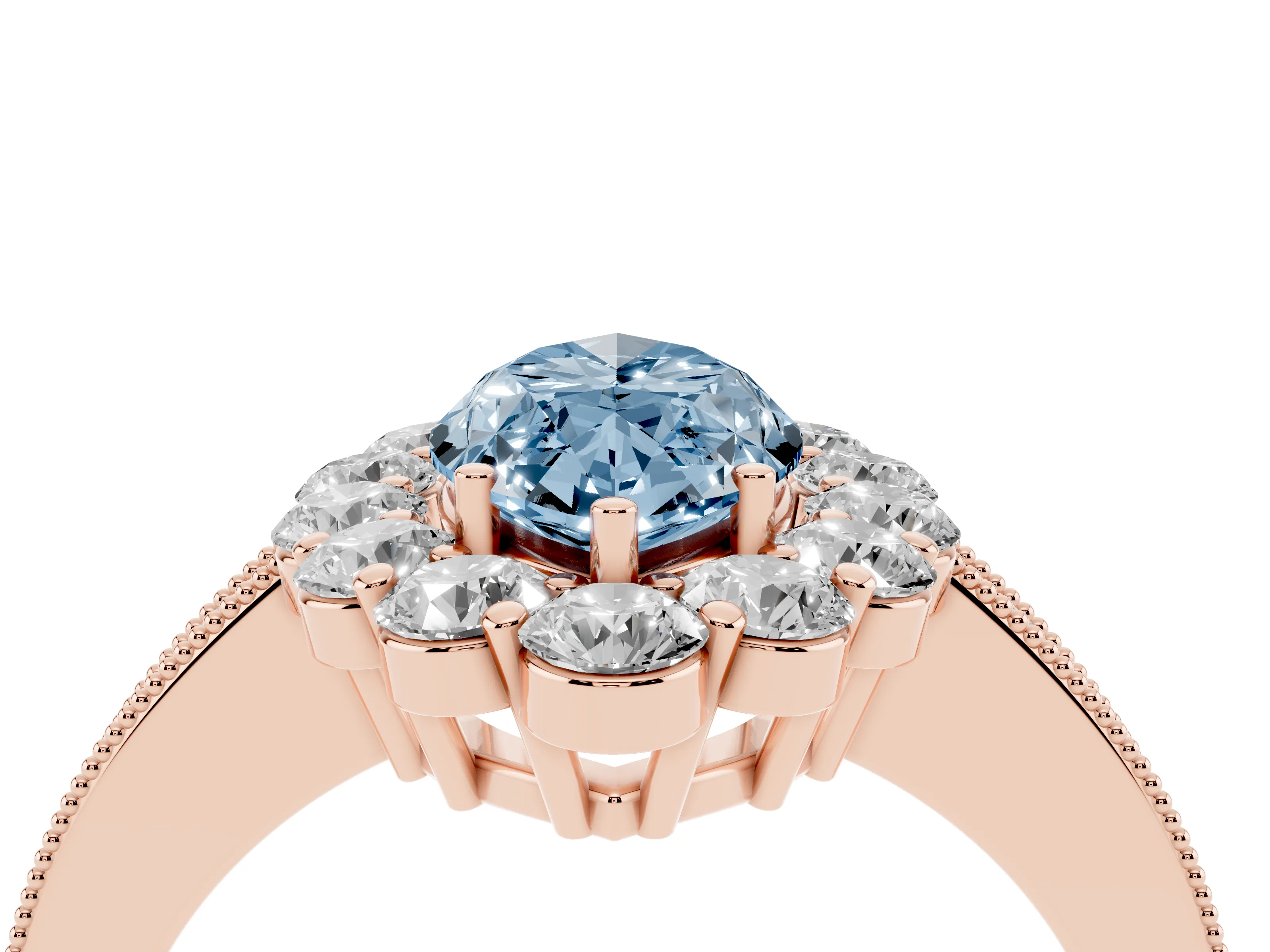 Fancy Blue Marquise Cut Diamond Halo Pavé Engagement Ring Set in Rose gold with Milgrain Detailing