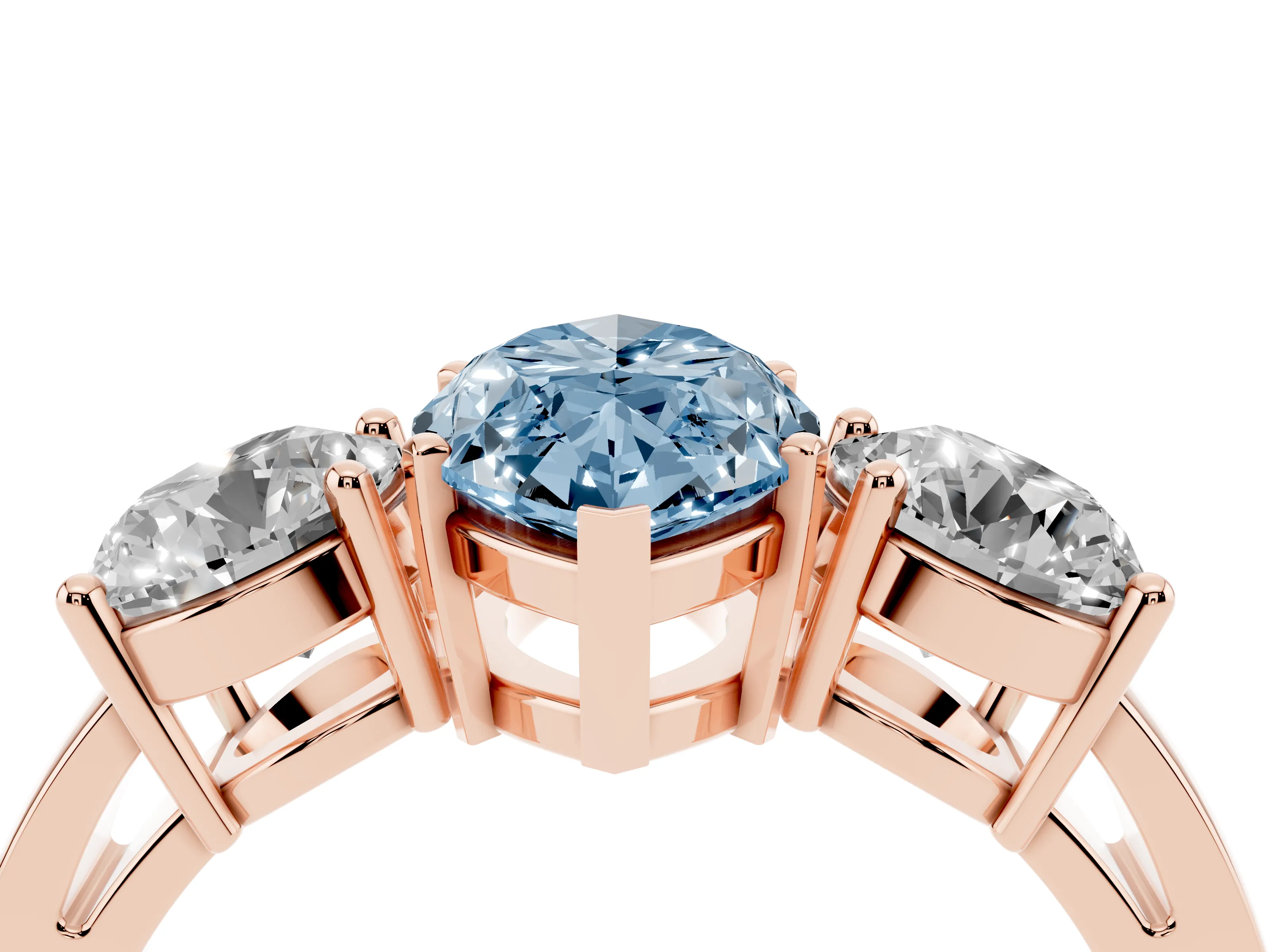 Fancy Blue Marquise Cut Diamond Three-Stone Ring Set in Rose gold with Round Side Stones and Classic Band