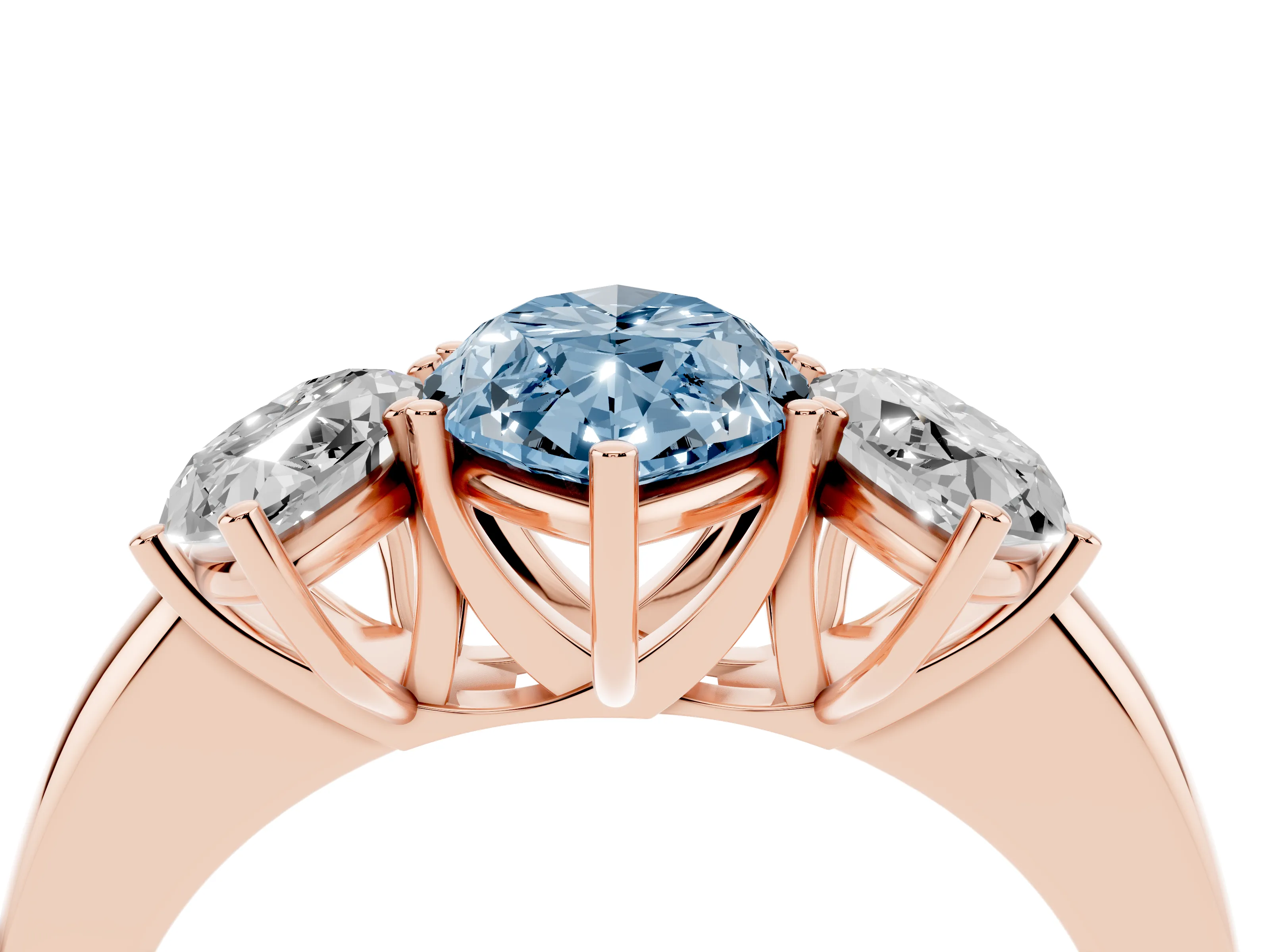 Fancy Blue Marquise Cut Diamond Three-Stone Ring Set in Rose gold with Bold Center and Classic Band