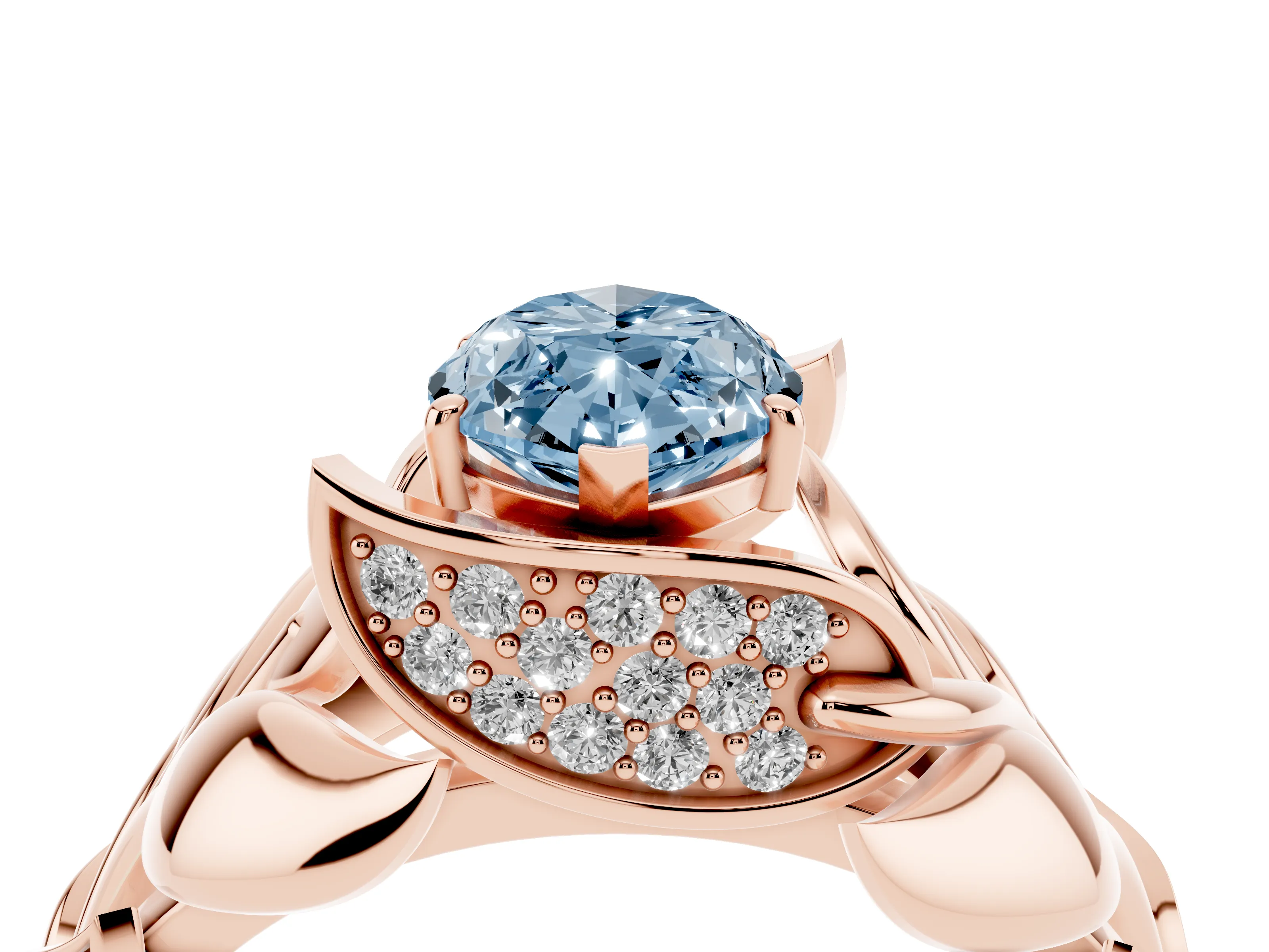 Fancy Blue Marquise Cut Diamond Leaf-Inspired Engagement Ring Set in Rose gold with Round Accents