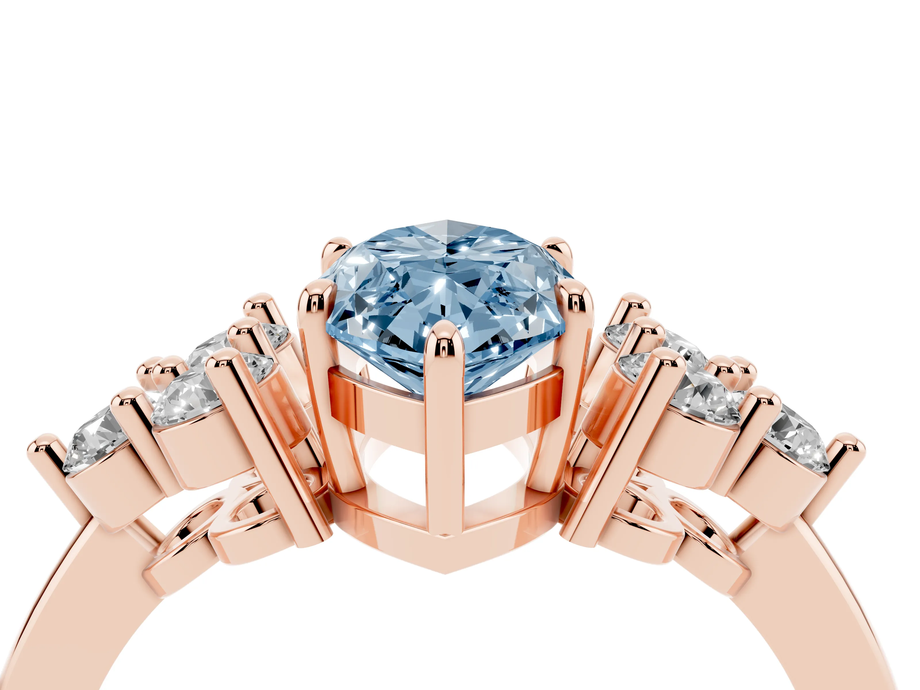 Fancy Blue Marquise Cut Diamond Solitaire Ring Set in Rose gold with Cluster Accents on Each Side