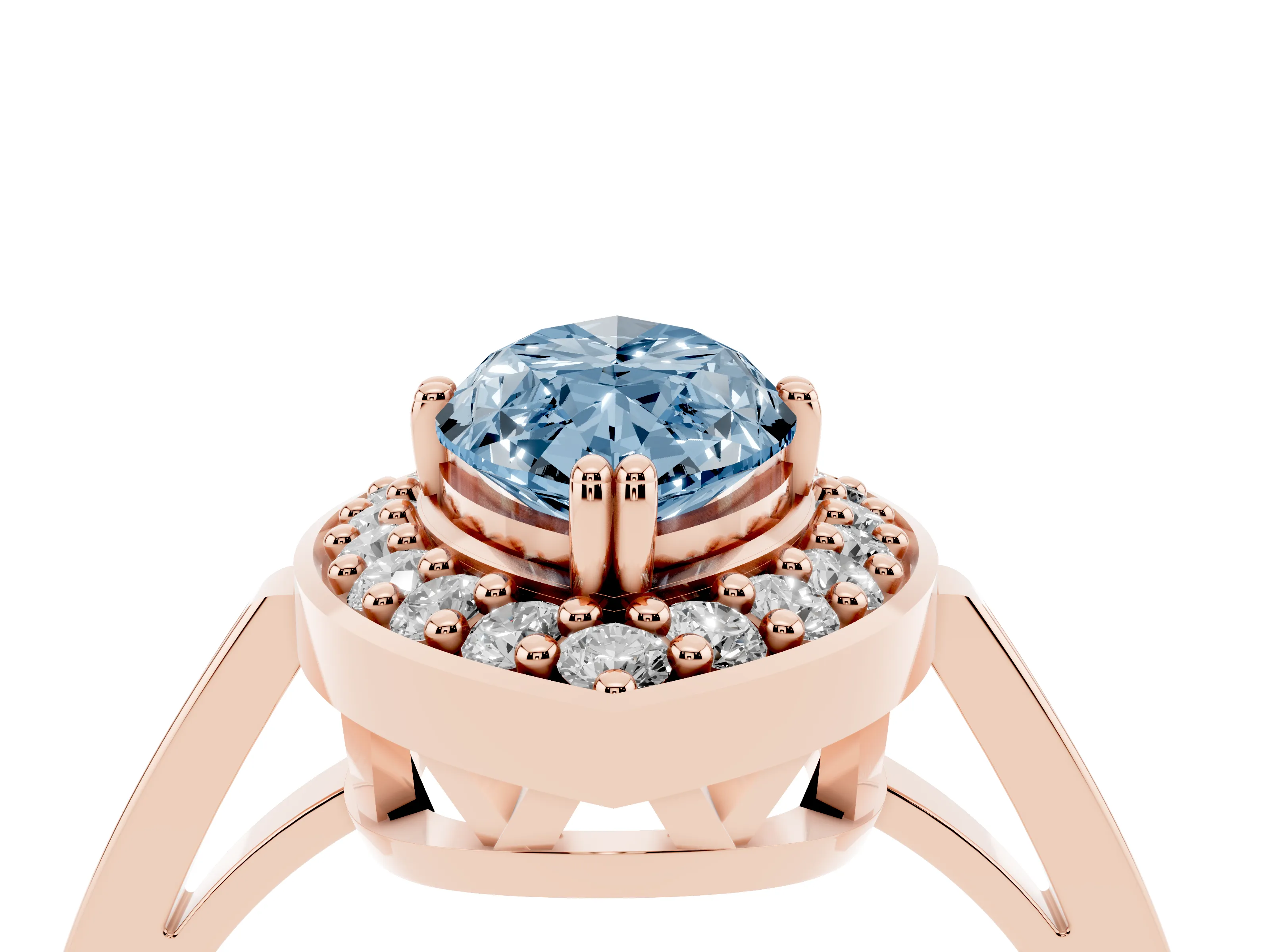 Fancy Blue Marquise Cut Diamond Halo Ring Set in Rose gold with Accent-Lined Split Shank and Prong Setting