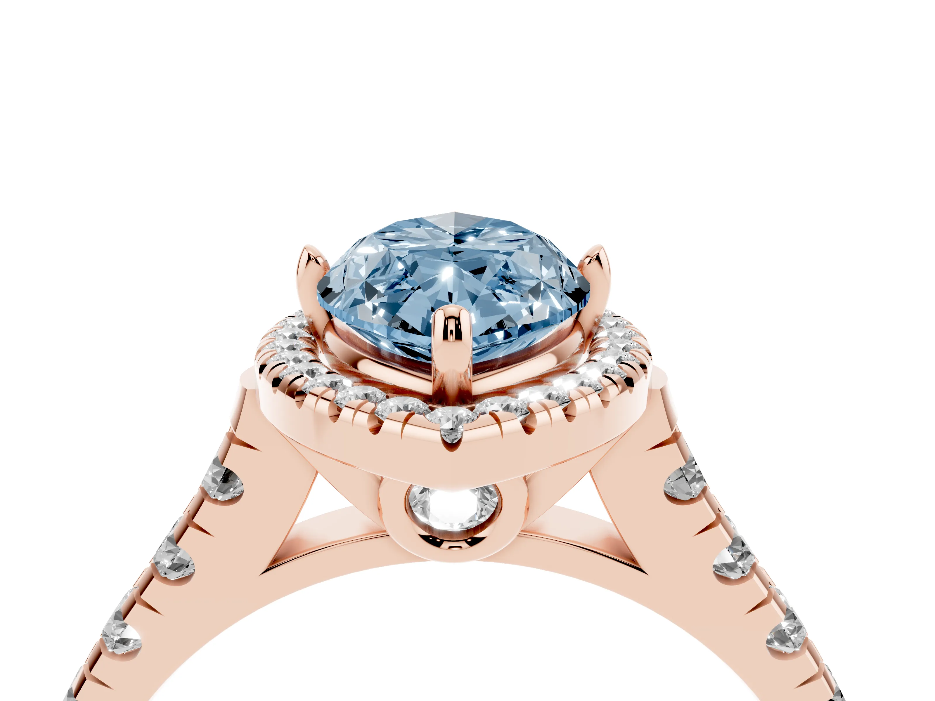 Fancy Blue Marquise Cut Diamond Halo Engagement Ring Set in Rose gold with Pavé Band and Prong-Set Center