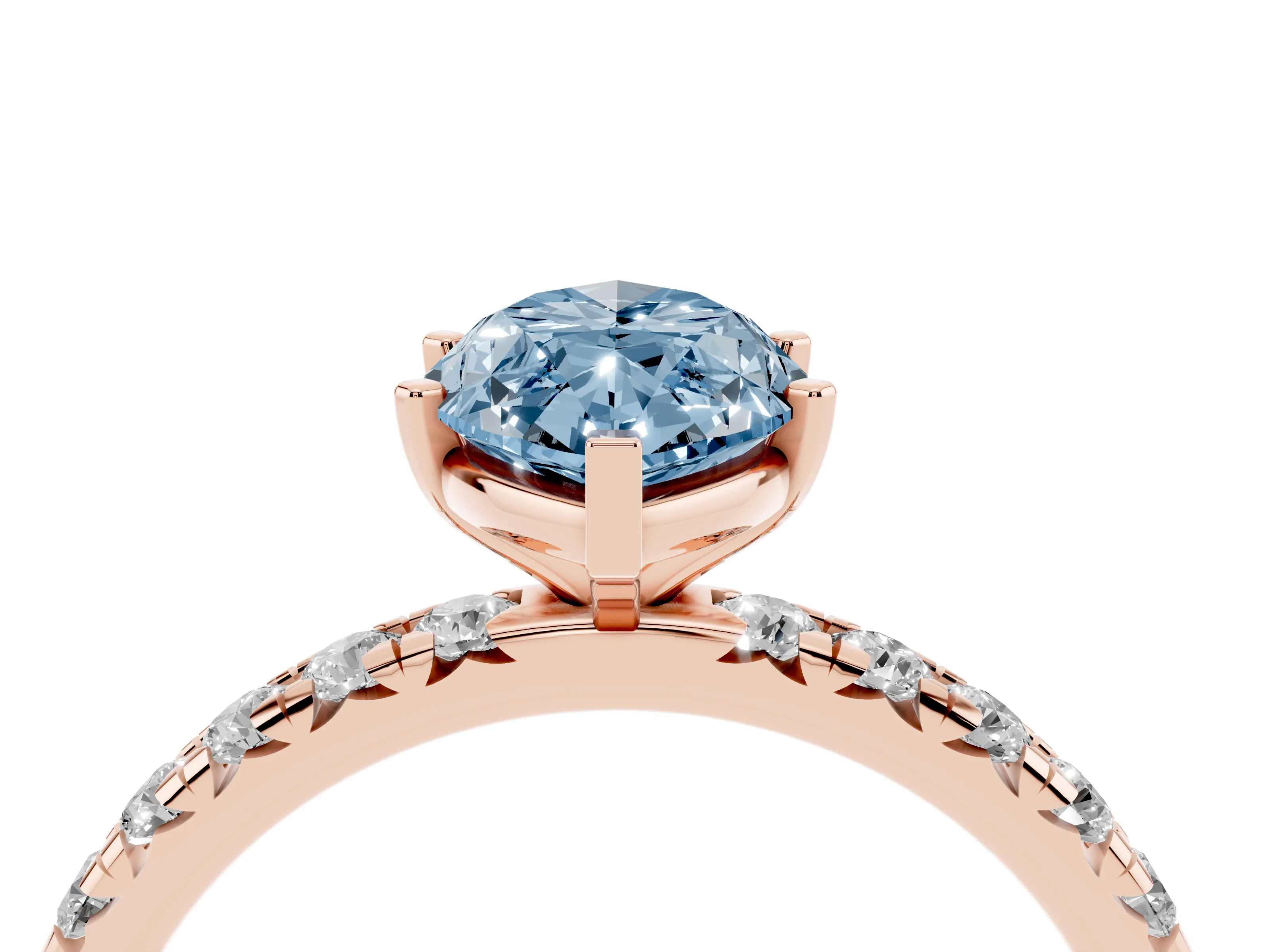Fancy Blue Marquise Cut Diamond Pavé Solitaire Ring Set in Rose gold with Round Band and Prong Setting